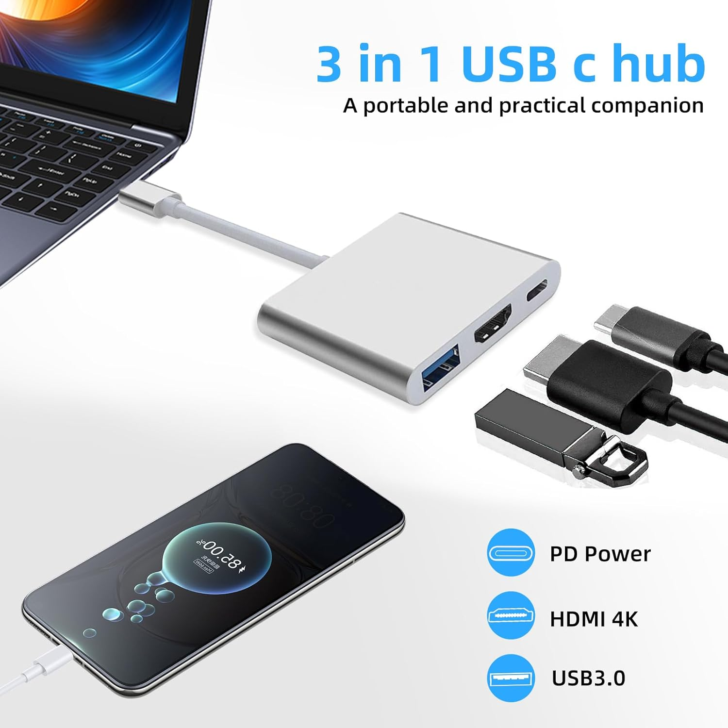 Taekooki 3-In-1 USB C HDMI Adapter, HDMI + USB 3.0 + USB-C Ports, USB C to HDMI Adapter, for TV Adapter, USB C to HDMI, Multiport Digital AV with 4K HDMI, USB-A 3.0, 3-In-1 Plug and Play HDMI USB C image number 5