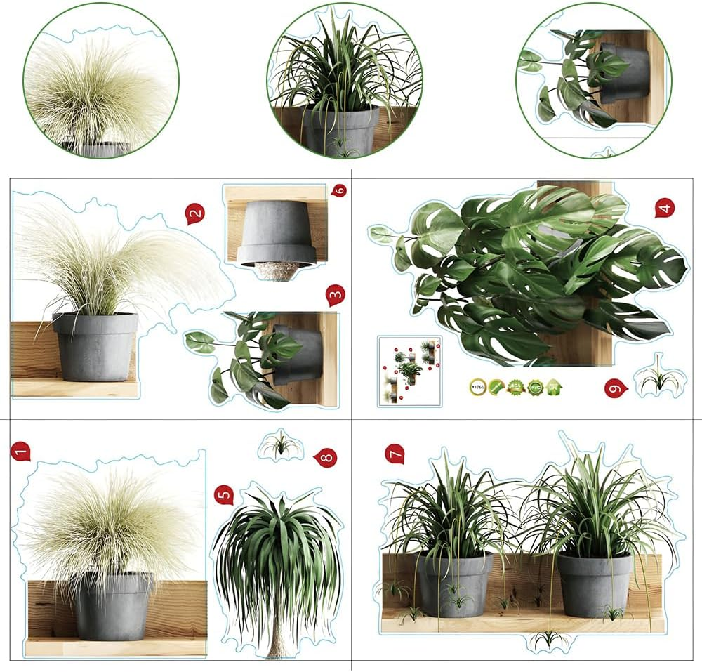 Green Pot Plants Fresh Leaves Wall Decals, 4 Pcs Pastoral Garden Potted Plant Wall Stickers, Removable Background Wall Decoration for Office Home Living Room Bedroom, 25 * 35Cm image number 6