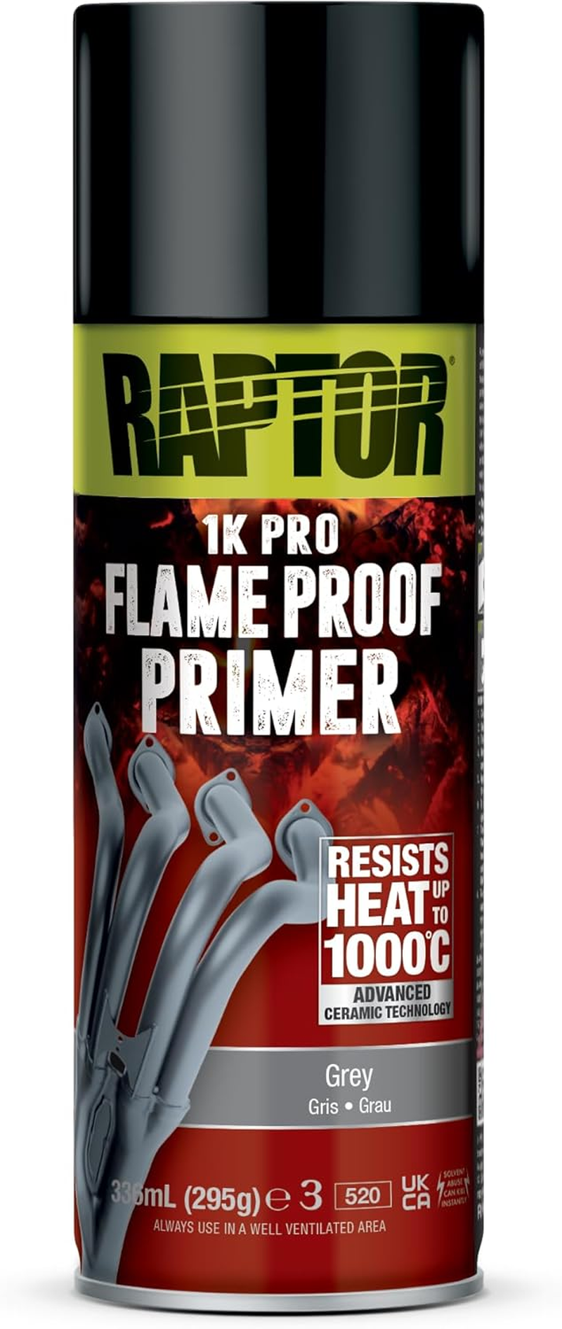 U-POL Raptor Flameproof, Fireproof, Heat Resistant up to 1000 &deg;C, Thermal Paint Spray, Protection for Exhaust, Engine & Exhaust Manifolds from Rust, Quick Drying (Primer Grey/Grey, 336 Ml)