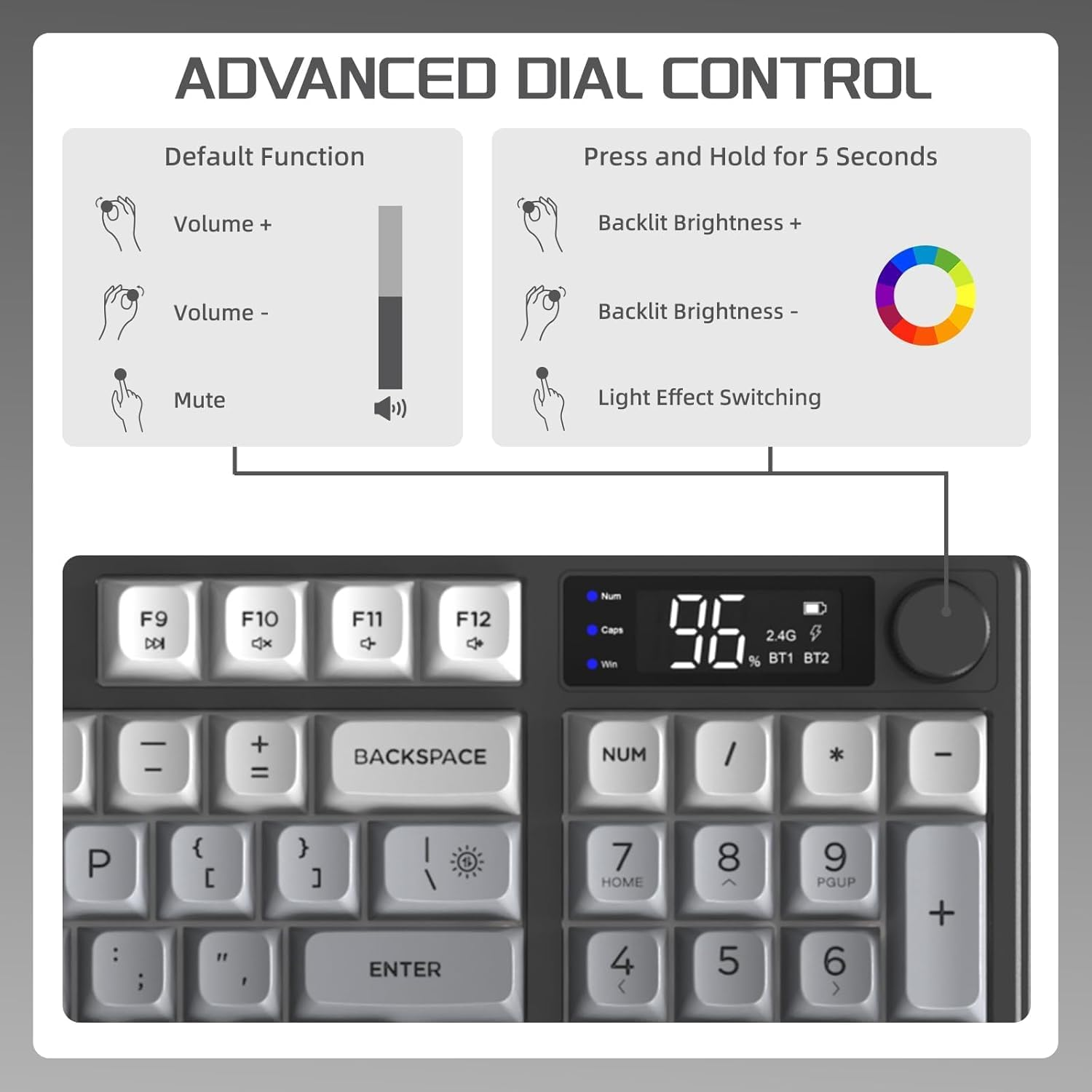 FREEWOLF M96 Wireless Gaming Keyboard Creamy Membrane with Rainbow Backlight,Media Knob,Lcd Screen,Dual Mode-Bluetooth/2.4Ghz,Ball Shape PBT Keycap 94 Key ANSI Layout for Win Mac PC Gamer(Moonlight) image number 6