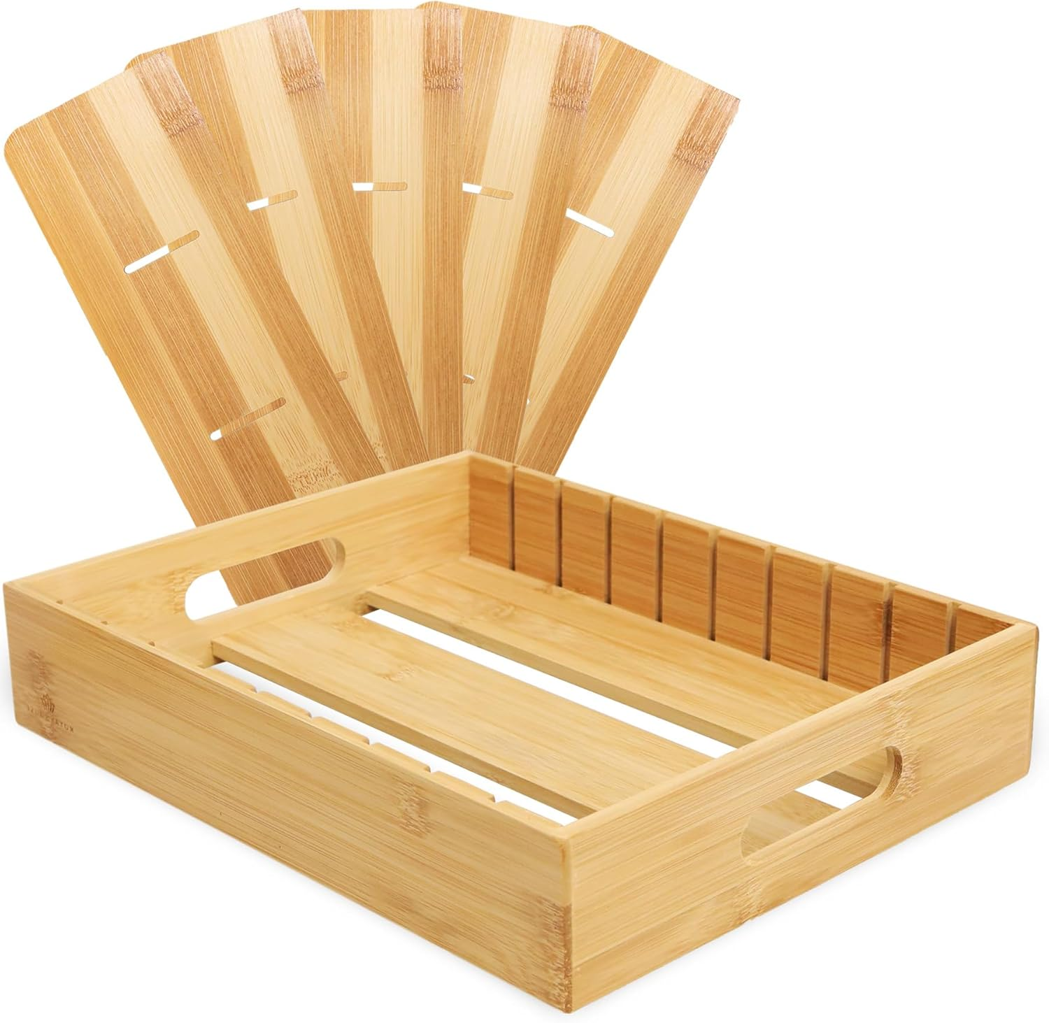 FORYUSE Bamboo Food Storage Container Lids Organiser with 5 Adjustable Dividers Kitchen Cabinet Plastic Lid Holder image number 3