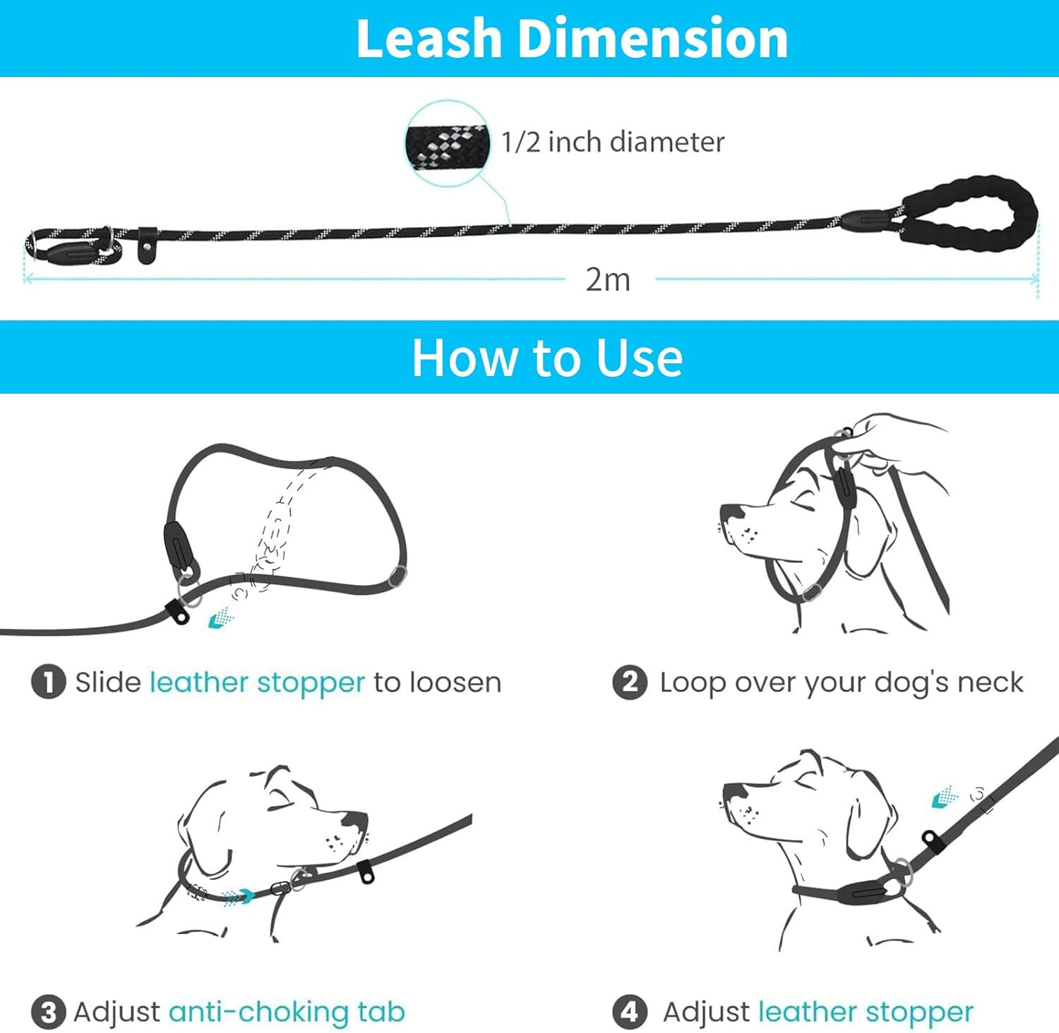 1.2M Non-Slip Lead Dog Leashes with Comfortable Padded Handle, Anti-Choking Rope Dog Non-Slip Leash, Reflective Strong Sturdy Heavy Duty Rope Leash, Dog Training Leash for Medium Large Dogs (Black) image number 6