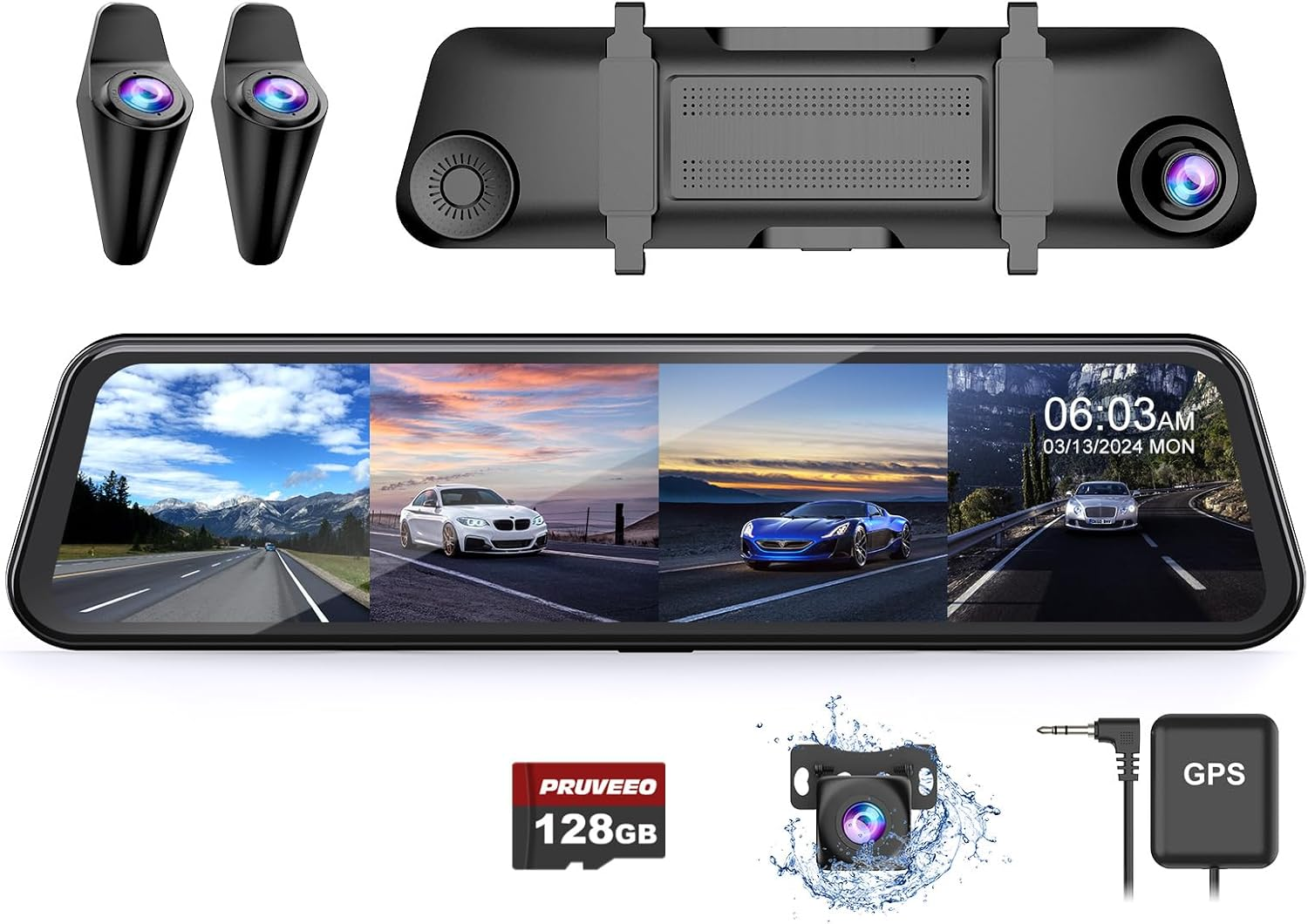 PRUVEEO H5-4CH 12'' Rear View Mirror Camera,4 Channel Mirror Dash Cam Detached Camera Fhd1080Px4,Dash Cam Front and Rear and Side(Left,Right),Night Vision,Gps,Parking Monitor,Free 128GB Card image number 6