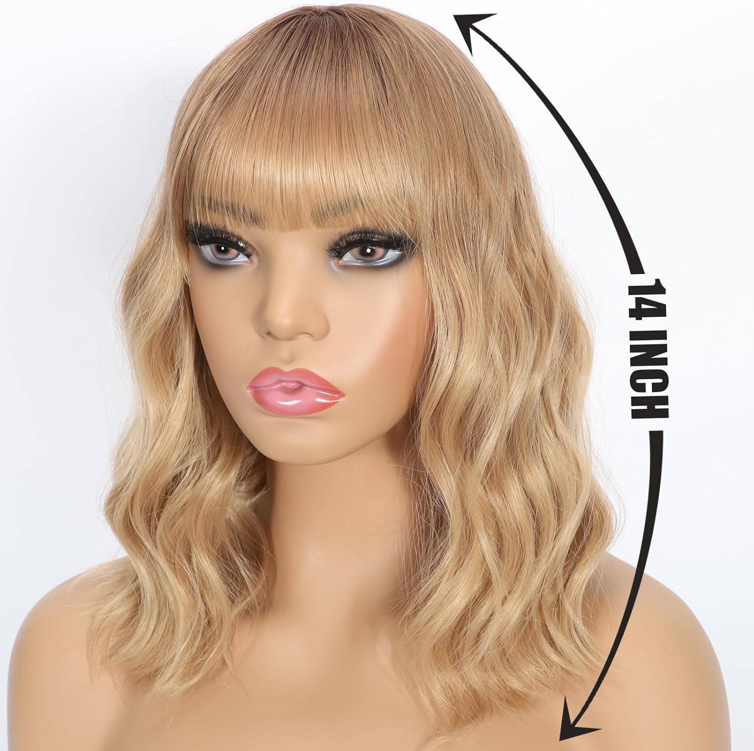 Wavy Wig with Bangs Short Curly Bob Wig for Women Highlight Style Synthetic Heat Resistant Bob Wigs for Daily Party Use (Ombre Dark Brown-Blonde, 14 Inch Bob)
