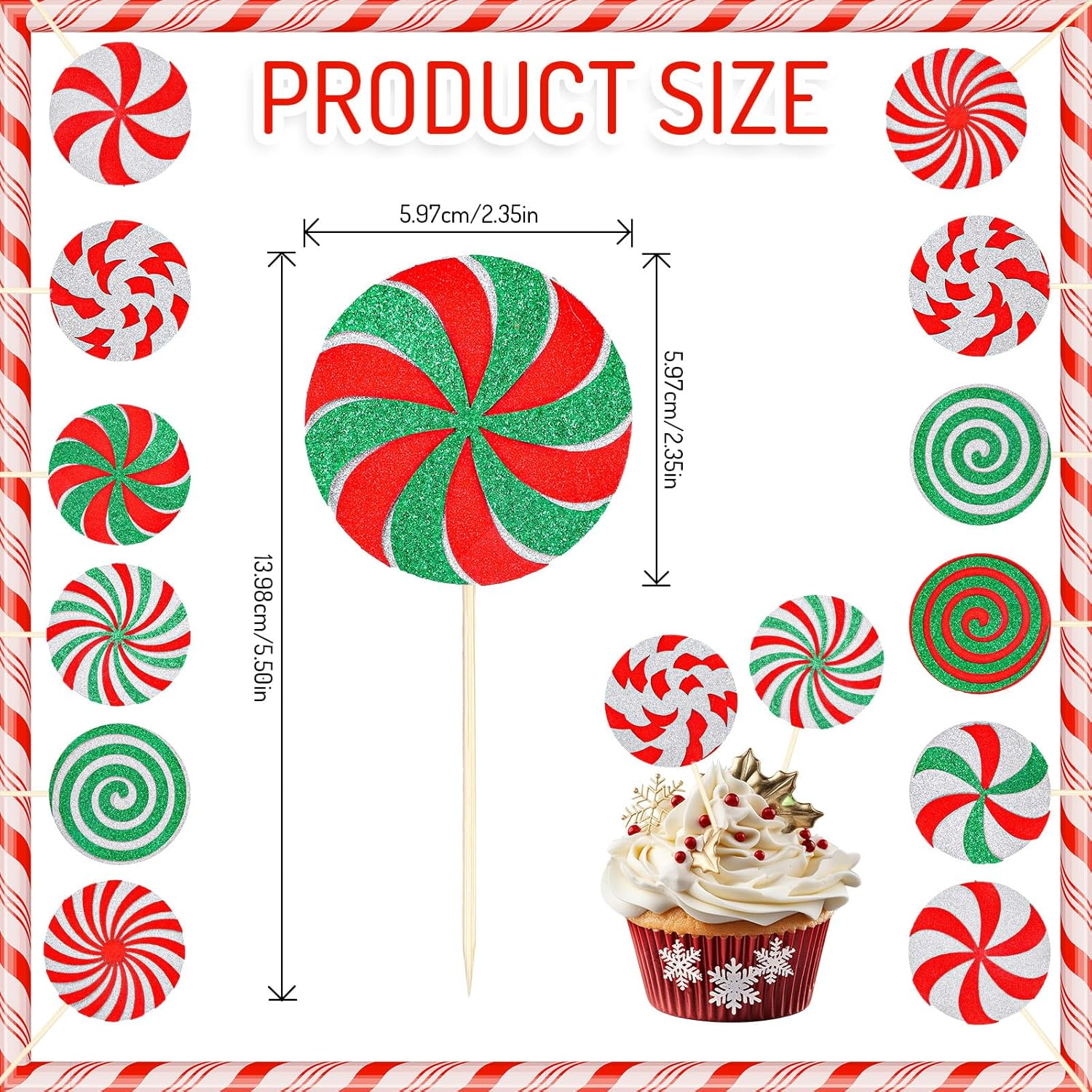 Whaline 24Pcs Christmas Cupcake Toppers Red Green Glitter Xmas Peppermint Candy Cupcake Picks for Xmas Holiday New Year Gathering Celebration Birthday Party Cake Decoration Supplies, 8 Styles image number 3