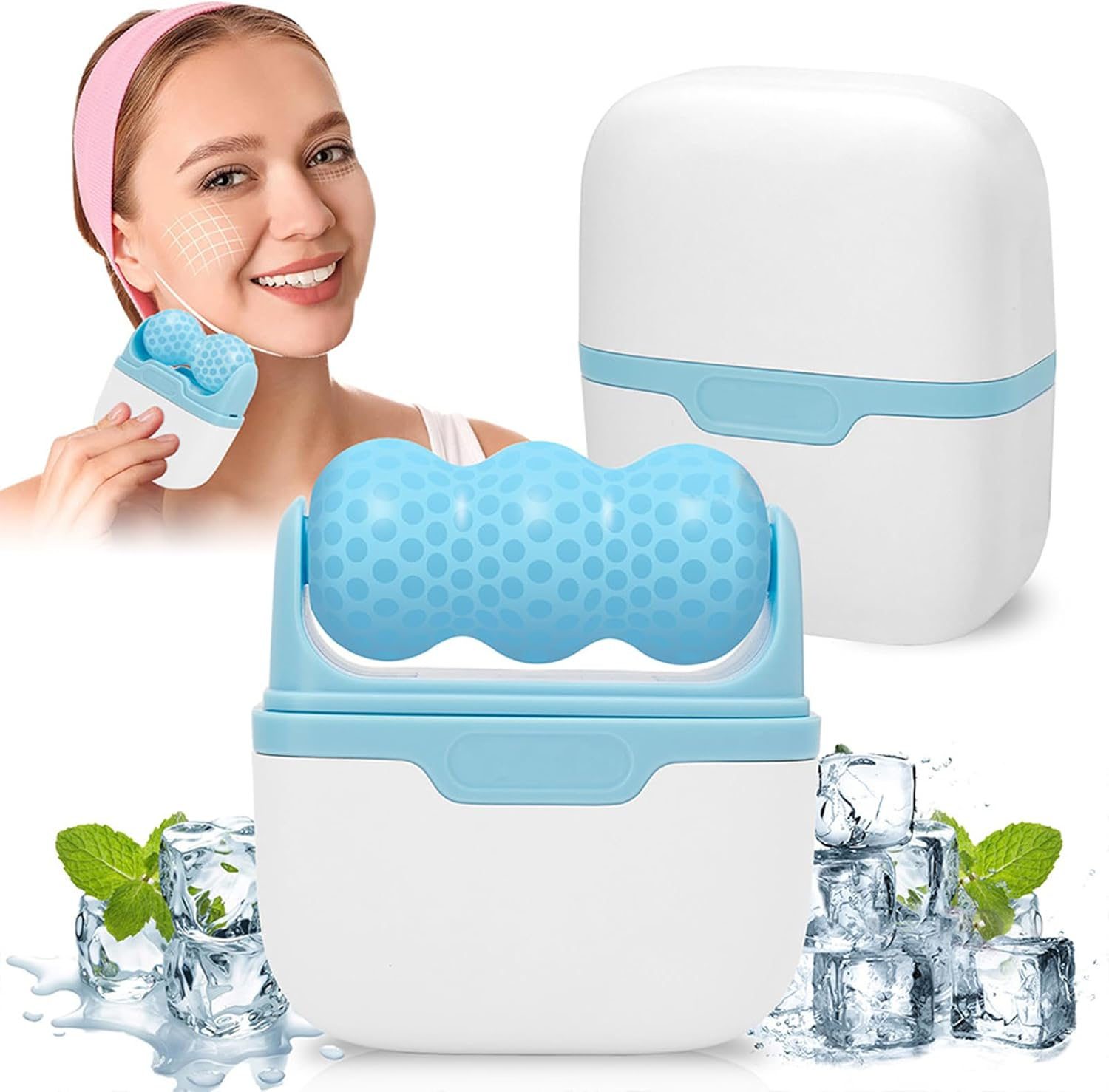 2Pcs Ice Roller Set, Face Roller & Ice Roller for Face - Cooling Facial Relaxation Massager for Puffiness & Tension (Blue & Pink)