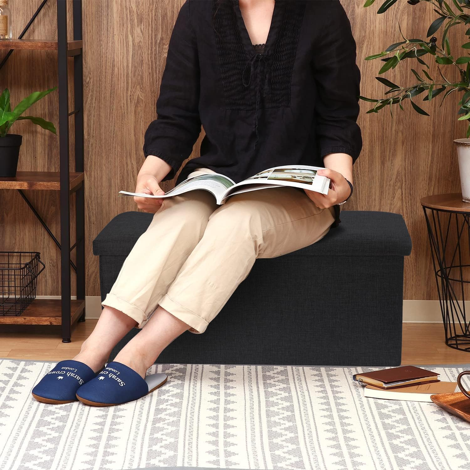 Okam Storage Ottoman-Foldable Ottoman Storage-Collapsible Stool Bench - Storage Organiser Case with Cushioned Seat - Use as Blanket Box, Foot Stool Ottaman, Pillow, Toys, Clothes Ottman Cube - Black image number 5