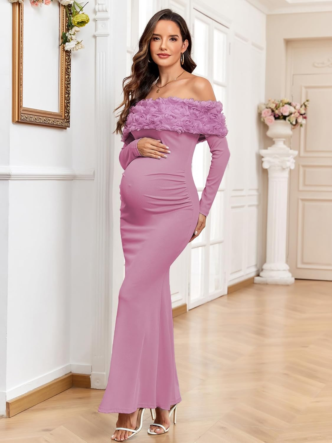 3D Floral off the Shoulder Maternity Dress Long Sleeve Ribbed Mermaid Maxi Bodycon Pregnancy Dresses Baby Shower image number 3