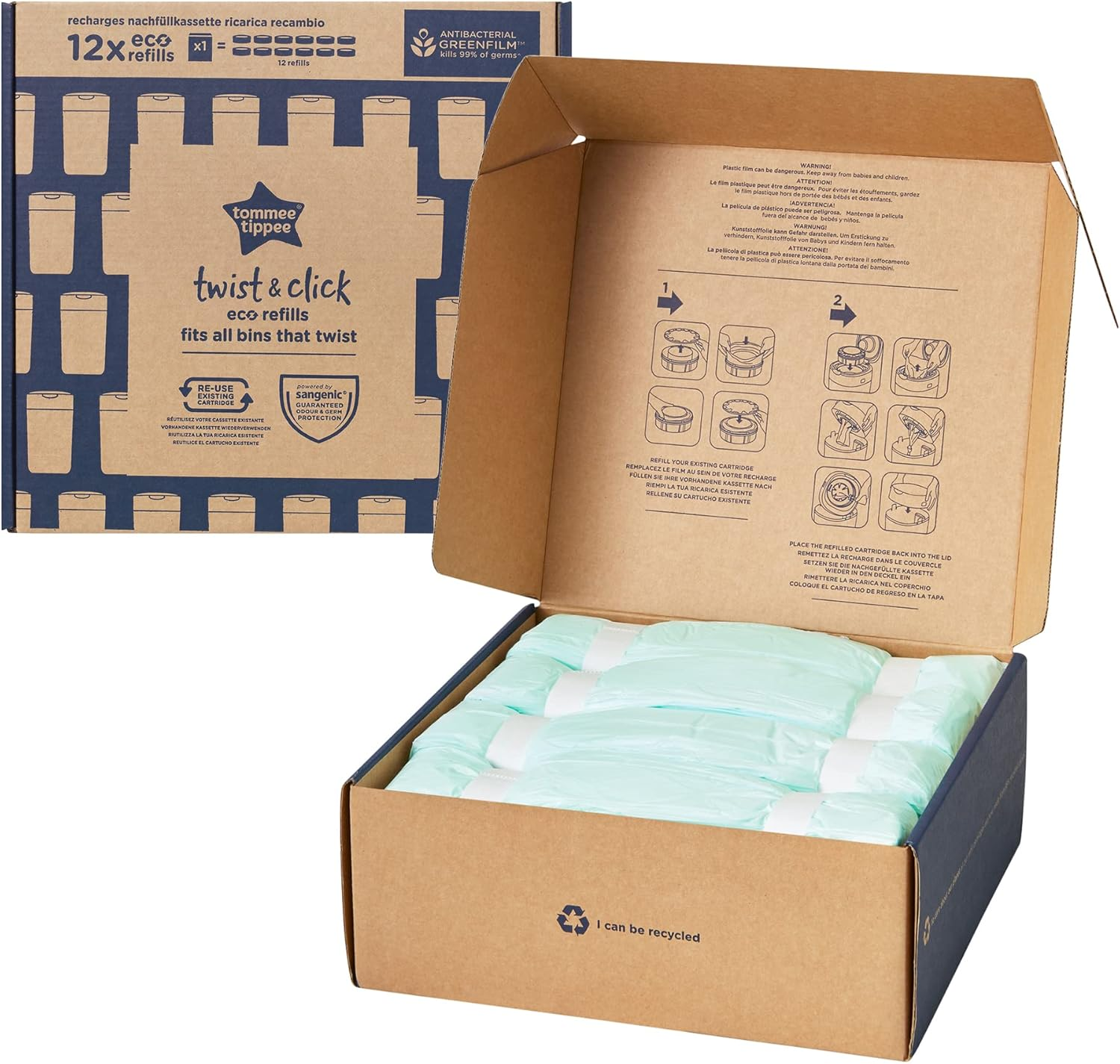 Tommee Tippee Twist & Click Nappy Bin Refills, Pack of 3, Multilayer, Antibacterial* Film, Designed to Slot into Your Existing Twist & Click Nappy Bin Cassette