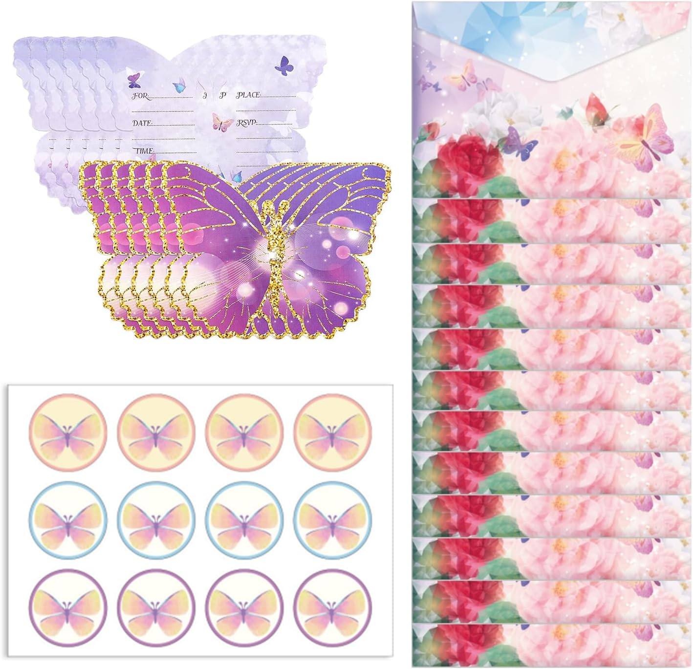 Taicols Birthday Invitations with Envelopes, 12 Set Butterfly Party Invitations with Envelopes Stickers for Party Supplies, Blank Birthday Invites Card, Fill in the Blank Invites Birthday Invitations