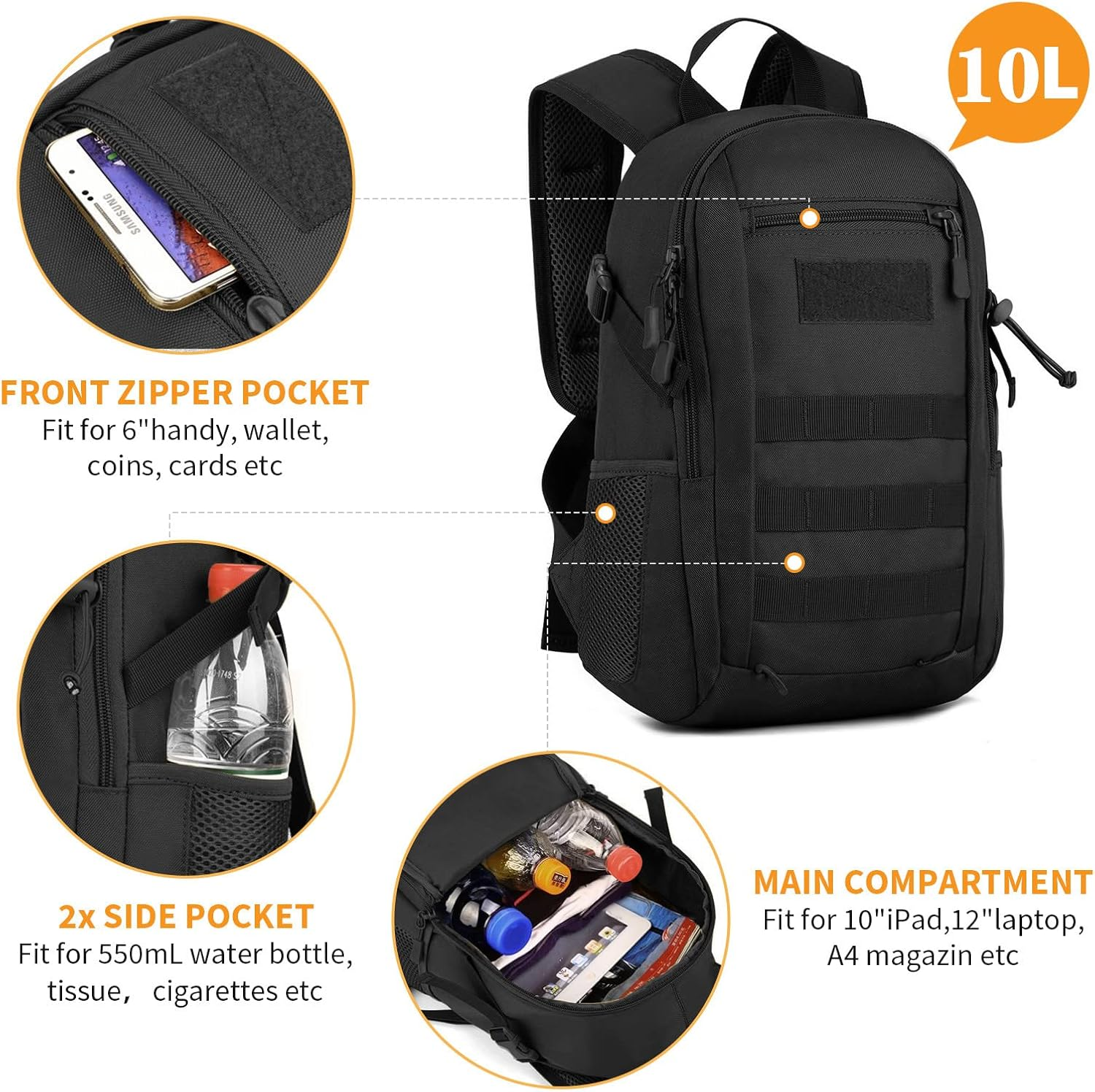 Huntvp 10L/20L Mini Daypack Military MOLLE Backpack Rucksack Gear Tactical Assault Pack Bag for Hunting Camping Trekking image number 2