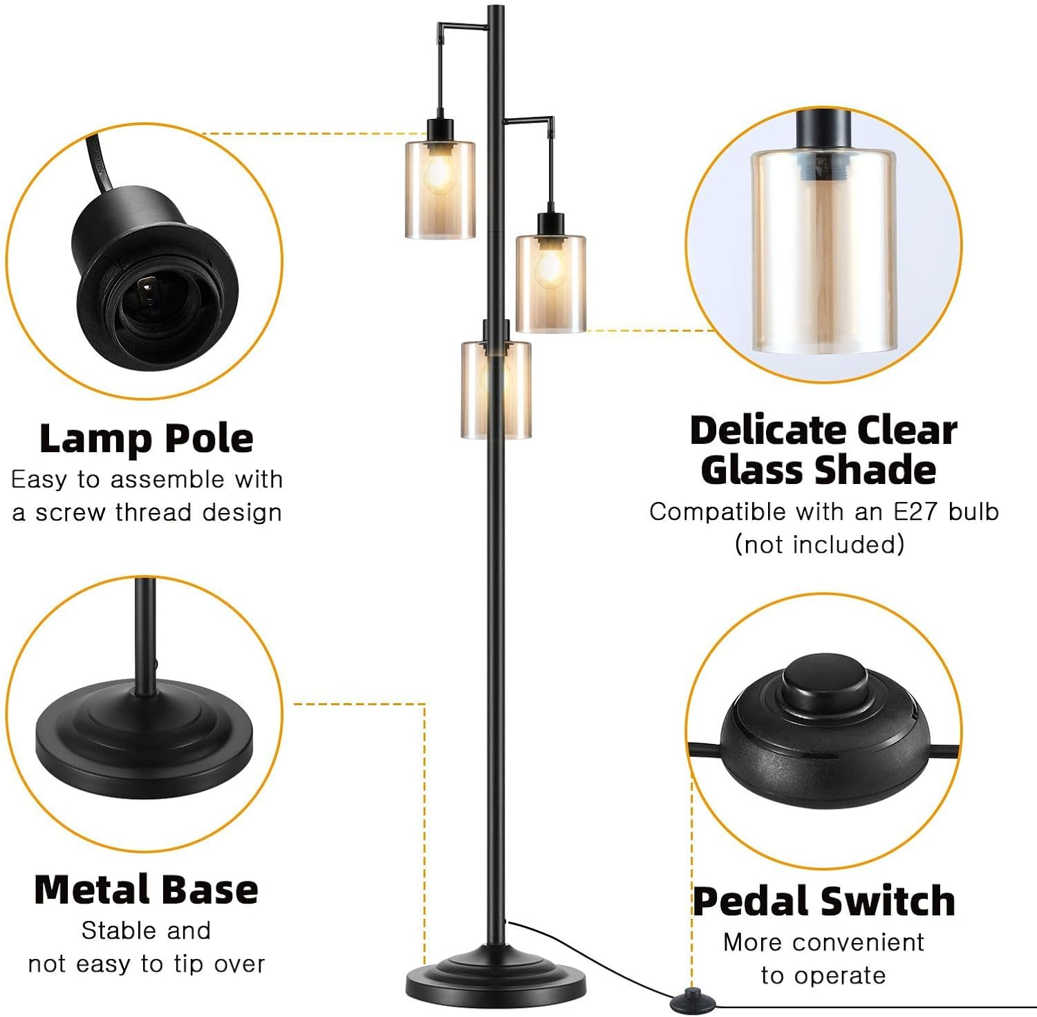 Modern LED Floor Lamp 3 Lights Black Standing Corner Reading Light Living Sitting Room Decor 165Cm with Glass Lampshades image number 1