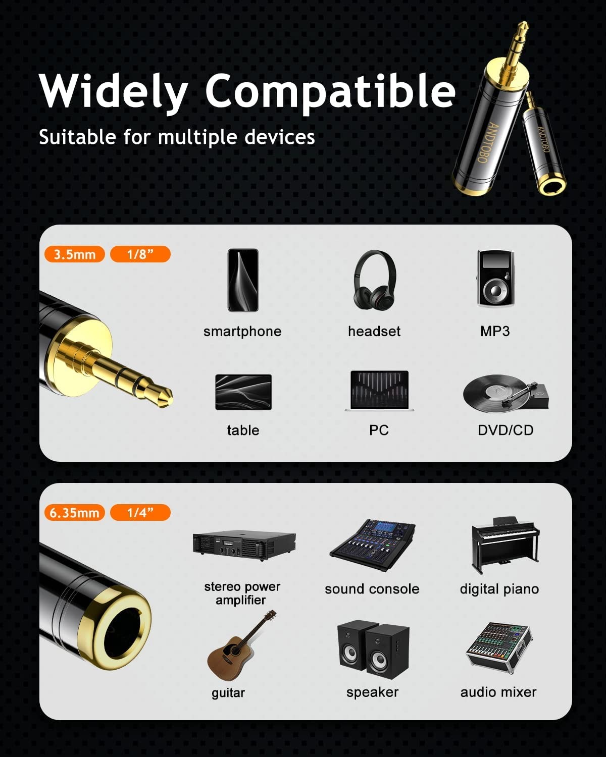 ANDTOBO 1/4'' to 3.5Mm Stereo Pure Copper Headphone Adapter, 3.5Mm(1/8'') Plug Male to 6.35Mm (1/4'') Jack Female Stereo Adapter for Headphone, Amp Adapte, Black 2-Pack image number 5
