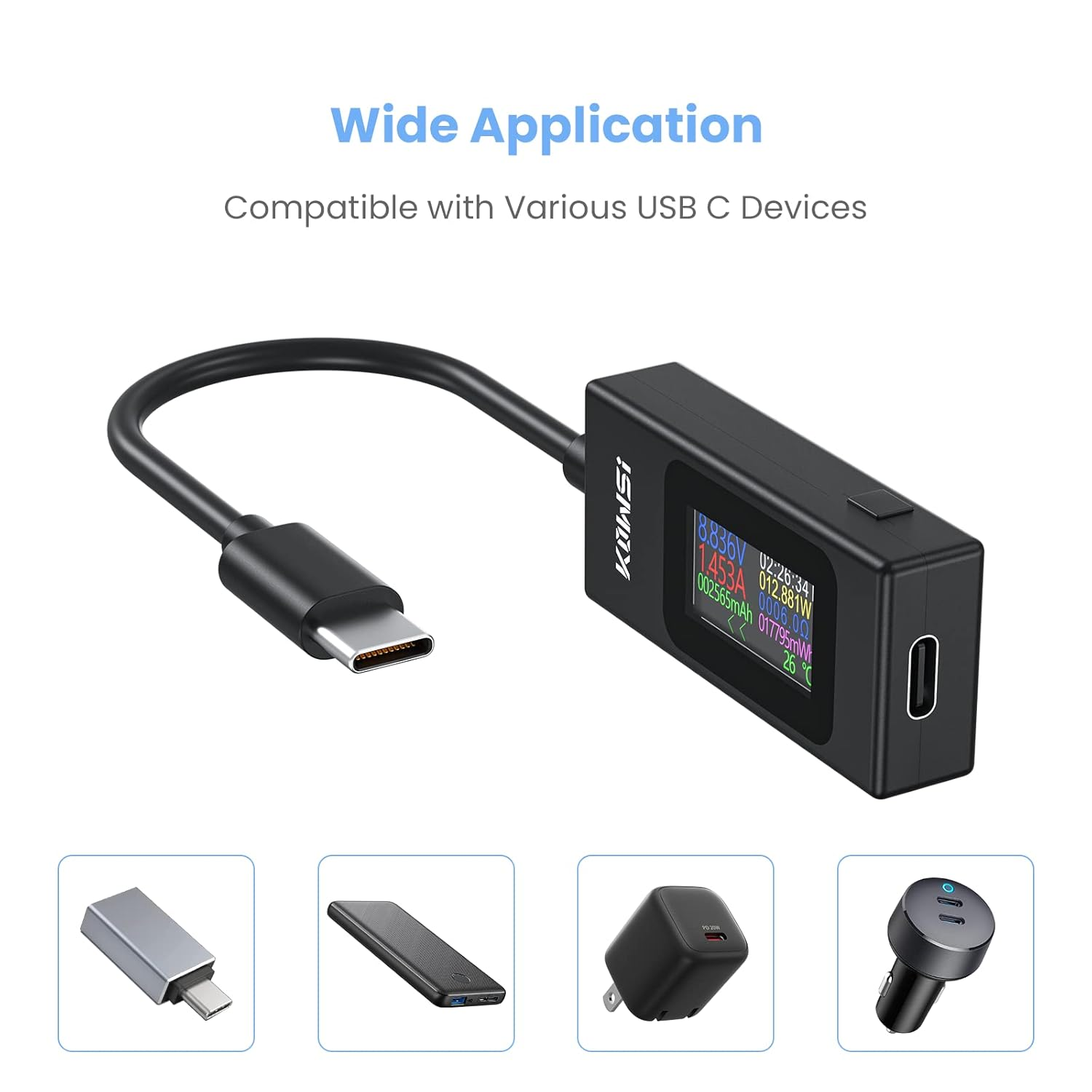YOJOCK USB C Tester Power Meter 4-30V 0-6.5A Voltage and Current Tester Meter, USB Capacity, Temperature, Working Time Ammeter Voltmeter Power Bank Charger Detector image number 2