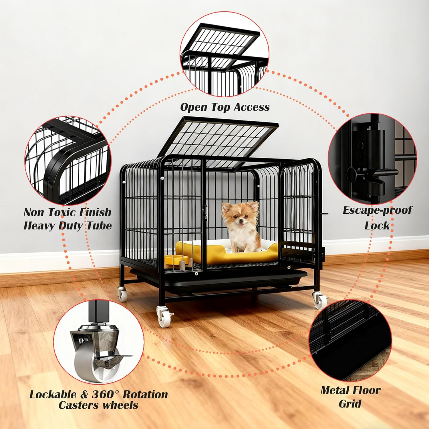Dog Crate with Removable Tray, Large Dog Cage with Wheels, Double Door Kennel Black 77 * 51 * 71Cm image number 1