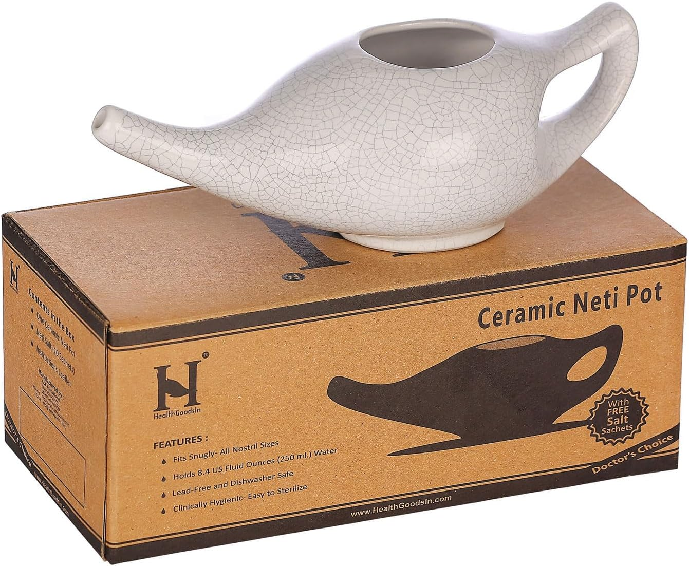 Crackle Pattern Ivory Ceramic Neti Pot for Nasal Cleansing | Travel-Friendly Design | Natural Treatment for Sinus, Infection and Congestion | Neti Pot with 5 Sachets of Neti Salt image number 3