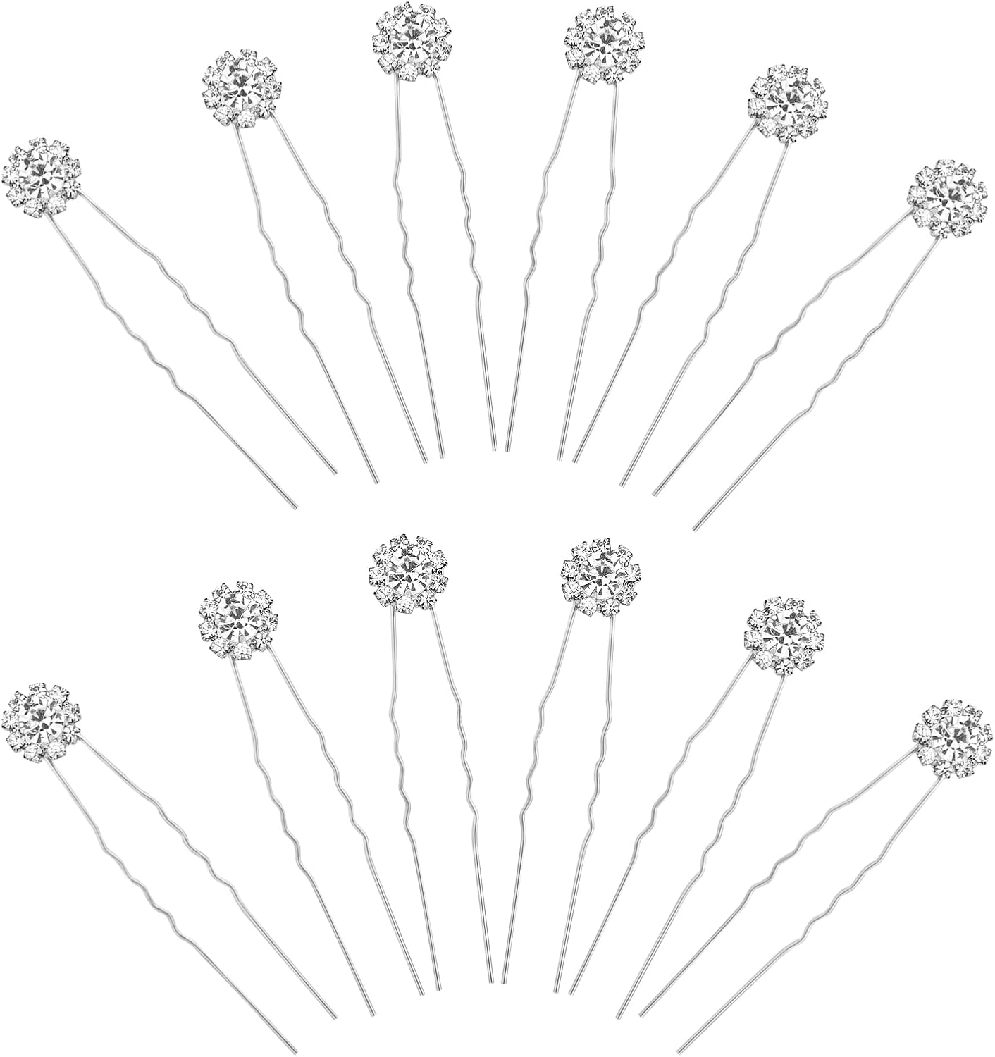KINBOM 12Pcs Rhinestone Wedding Hair Pins, U Shaped Hair Pins Crystal Flower Hair Bobby Pins Wedding Hair Accessories for Brides Bridesmaids (Silver)