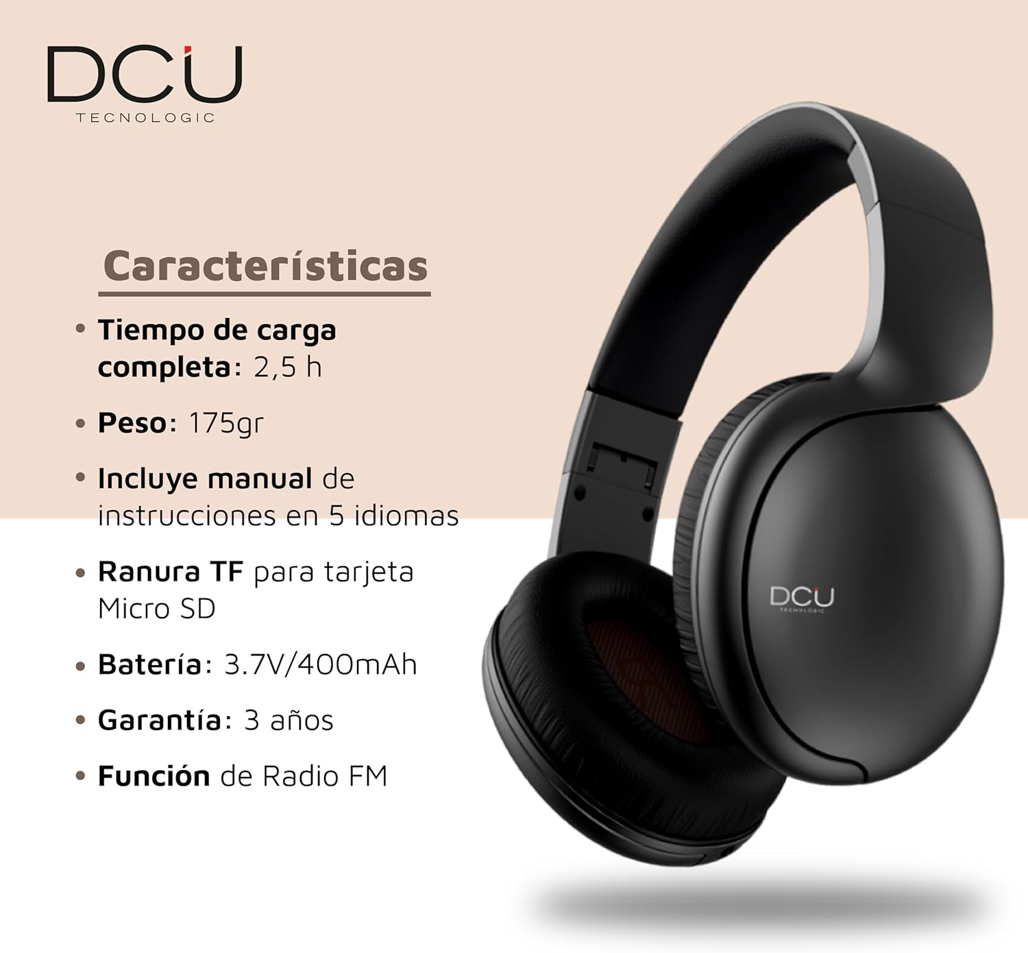 DCU TECNOLOGIC | Bluetooth Headphones, Foldable Headphones, Wireless and Wired, Multifunction, 8 Hour Use, Cable Socket, Black image number 3