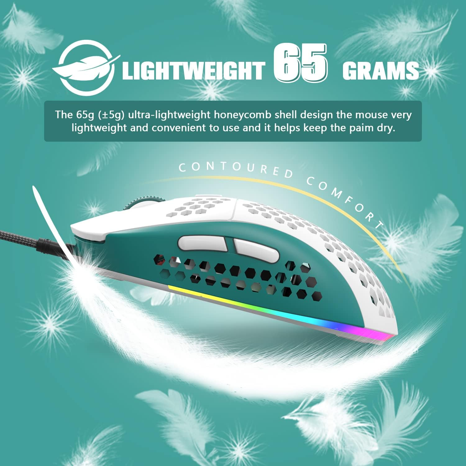 KUIYN 383 PRO Ultralight Wired Gaming Mouse, Lightweight Honeycomb Shell, 6 RGB Breathable Backlight, 6 Adjustable DPI 6400, USB Optical Model Win10/Xp/Xbox/Ps4/Ps5/Mac/Hp/Acer (White-Green) - A-(Pink) image number 4