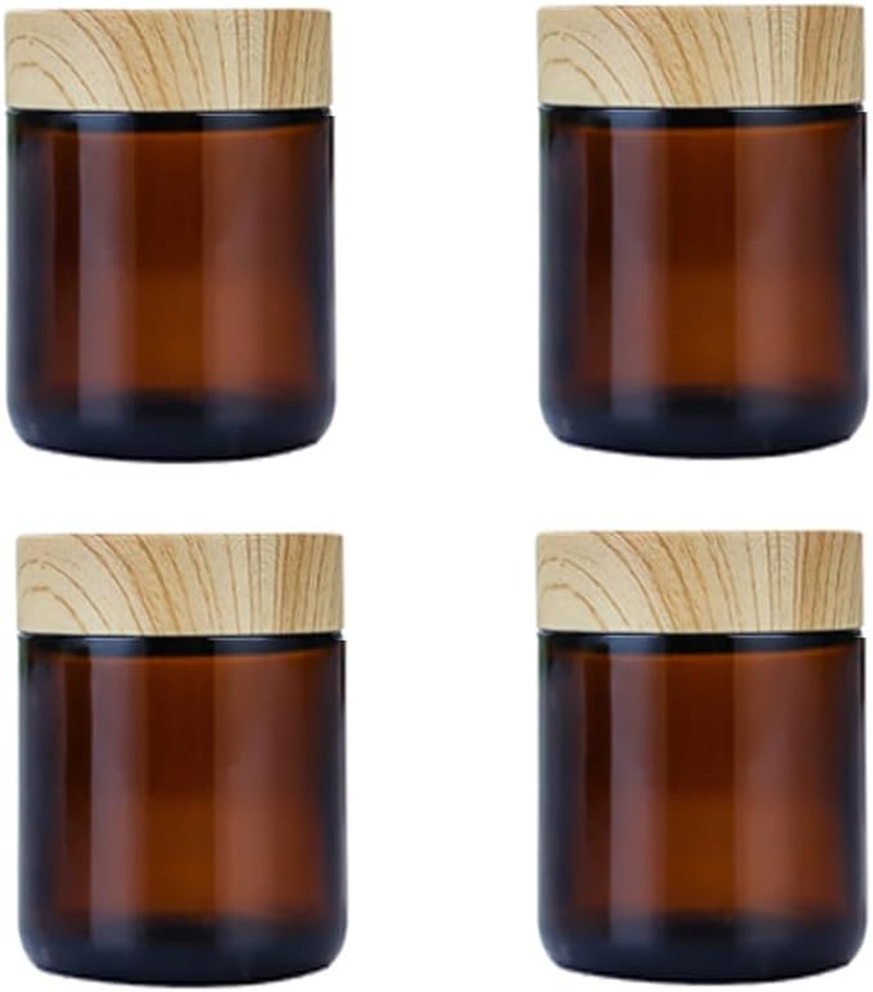 4Pcs 100G Amber Glass Cream Jars - Empty Refillable Cosmetic Containers with Wood Grain Lids for Lotion, Eye Cream, Scrubs, Oils, Salves, Ointments, Rhinestone, Samples, Travel Storage