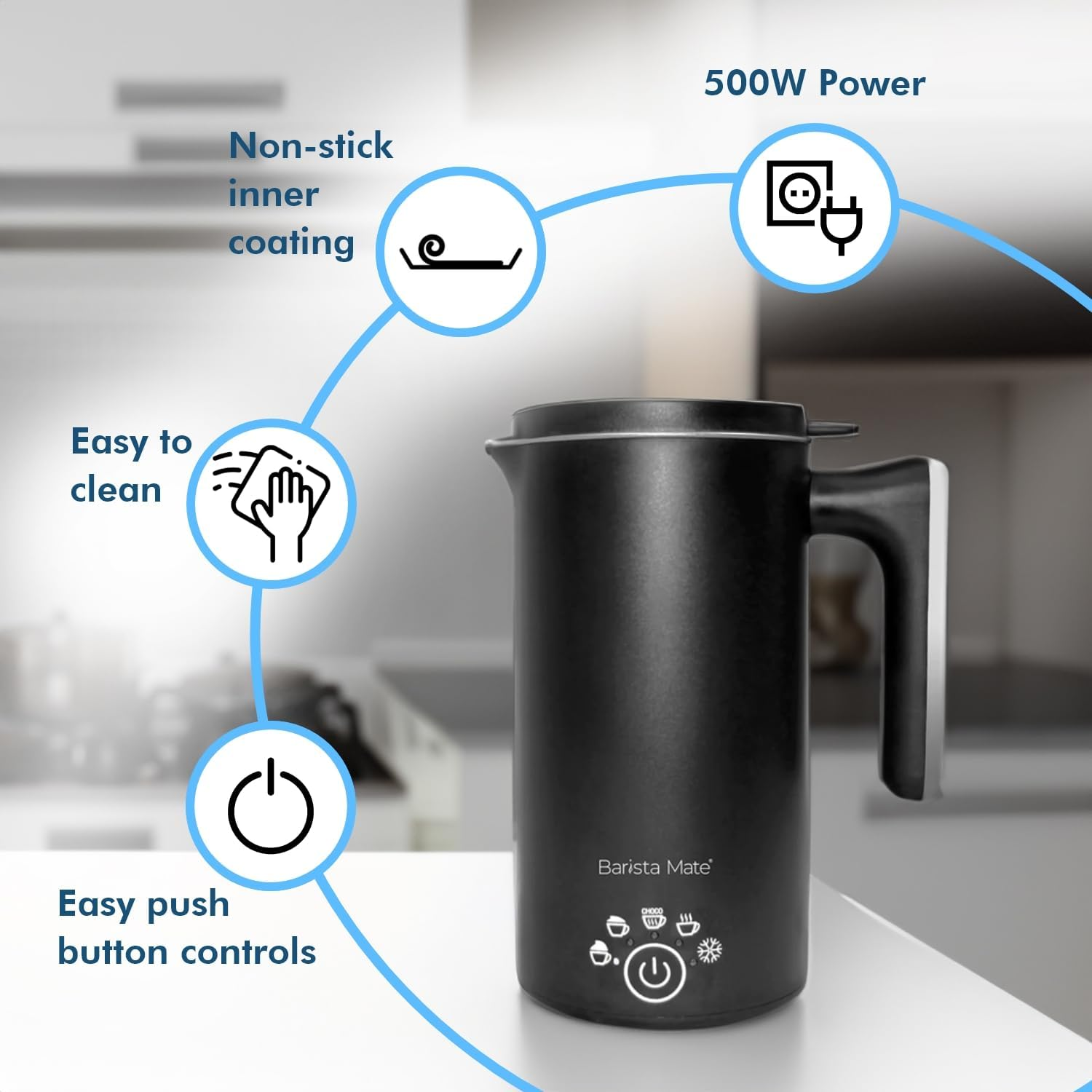 Healthy Choice Barista Mate Hot & Cold Milk Frother Cold Froth with a Frothing Capacity up to 250Ml and a Heating Capacity up to 500Ml | Colour - Black, Power - 500W image number 3