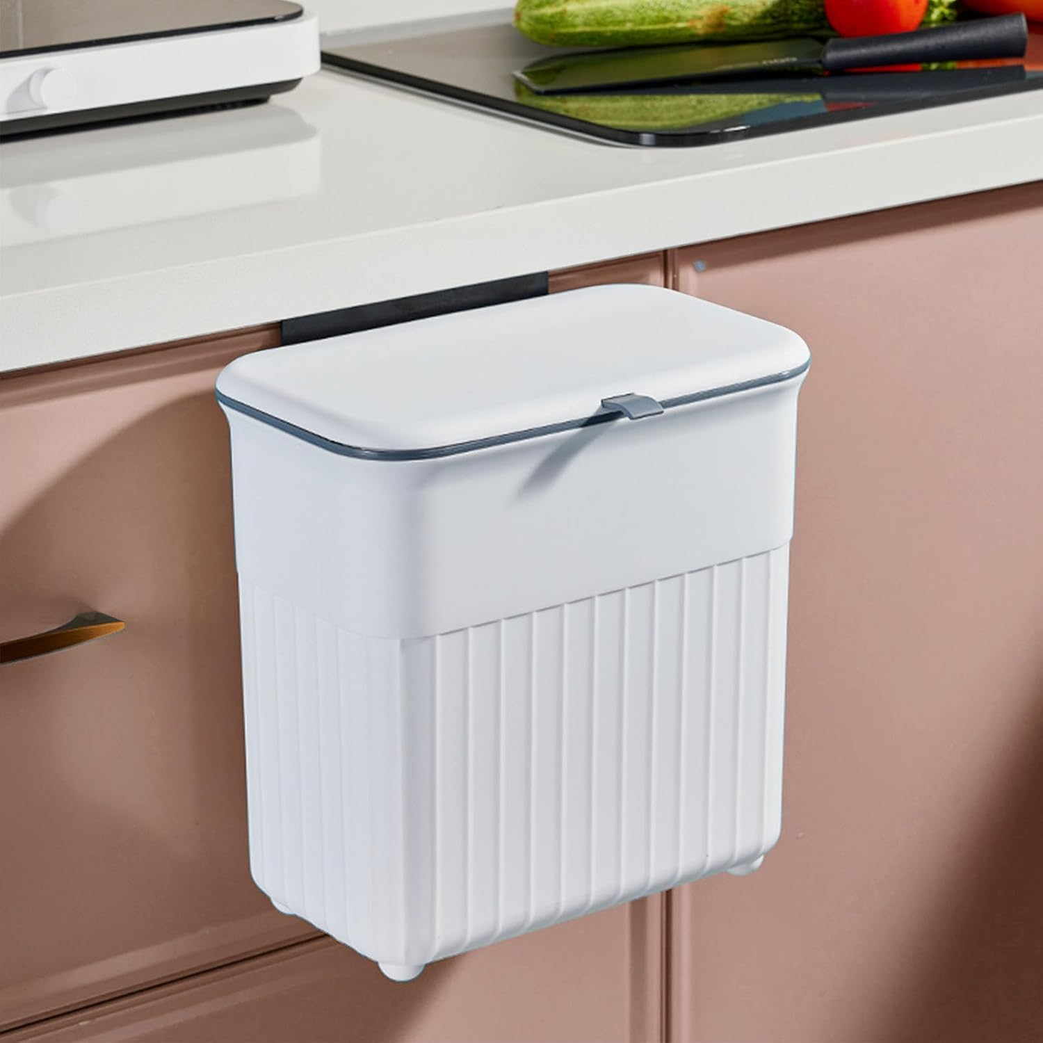 Kitchen Bin,Rubbish Bin Plastic Folding Wall Mounted for Cupboard Door Hanging Trash Can 8L (White)