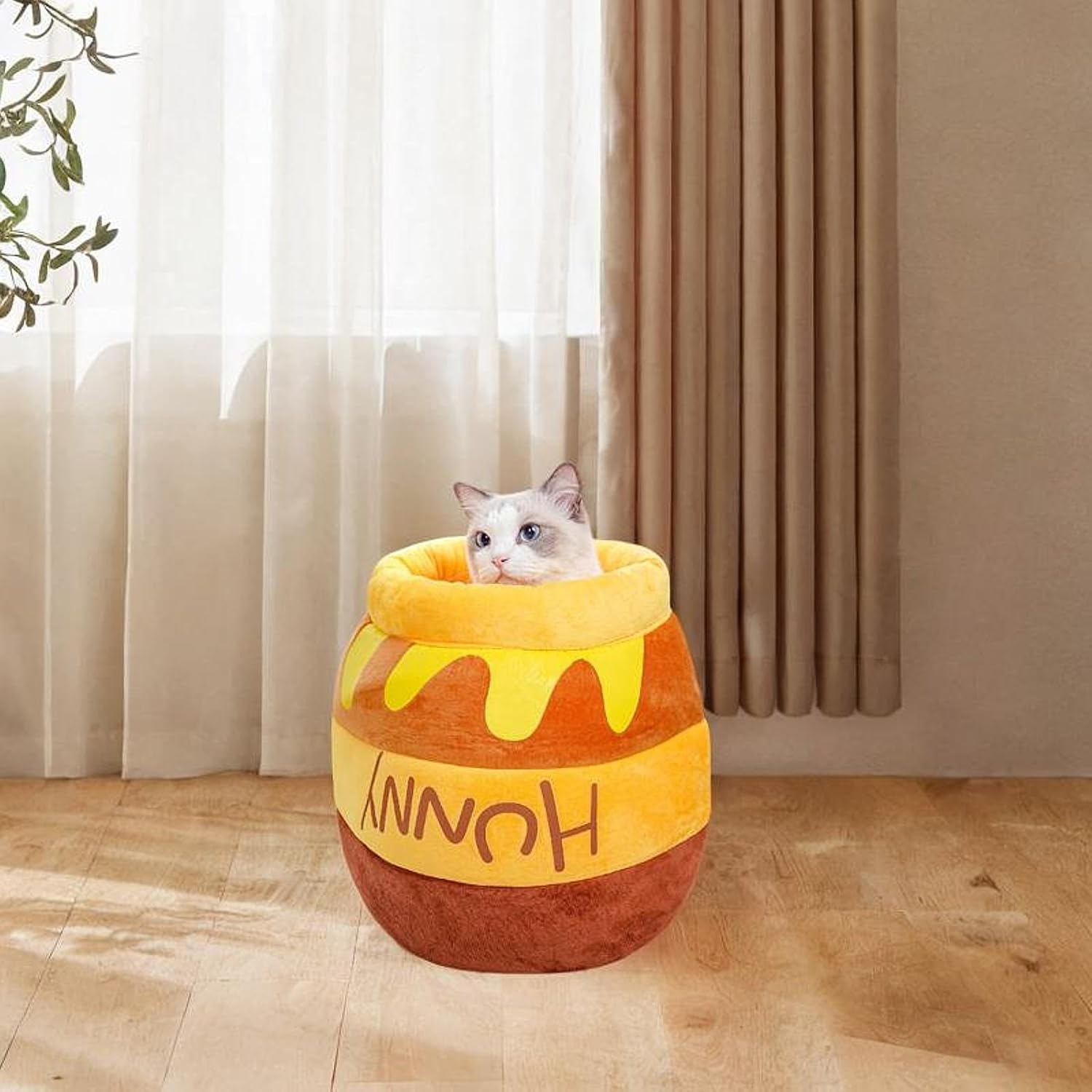 Yuksok Hoeny Pot Cat Bed Cave Soft Semi Enclosed Cartoon Nonslip Bottom Hideout Winter Warm Pet House Pet Bed for Cat Dog Puupy, Yellow image number 3