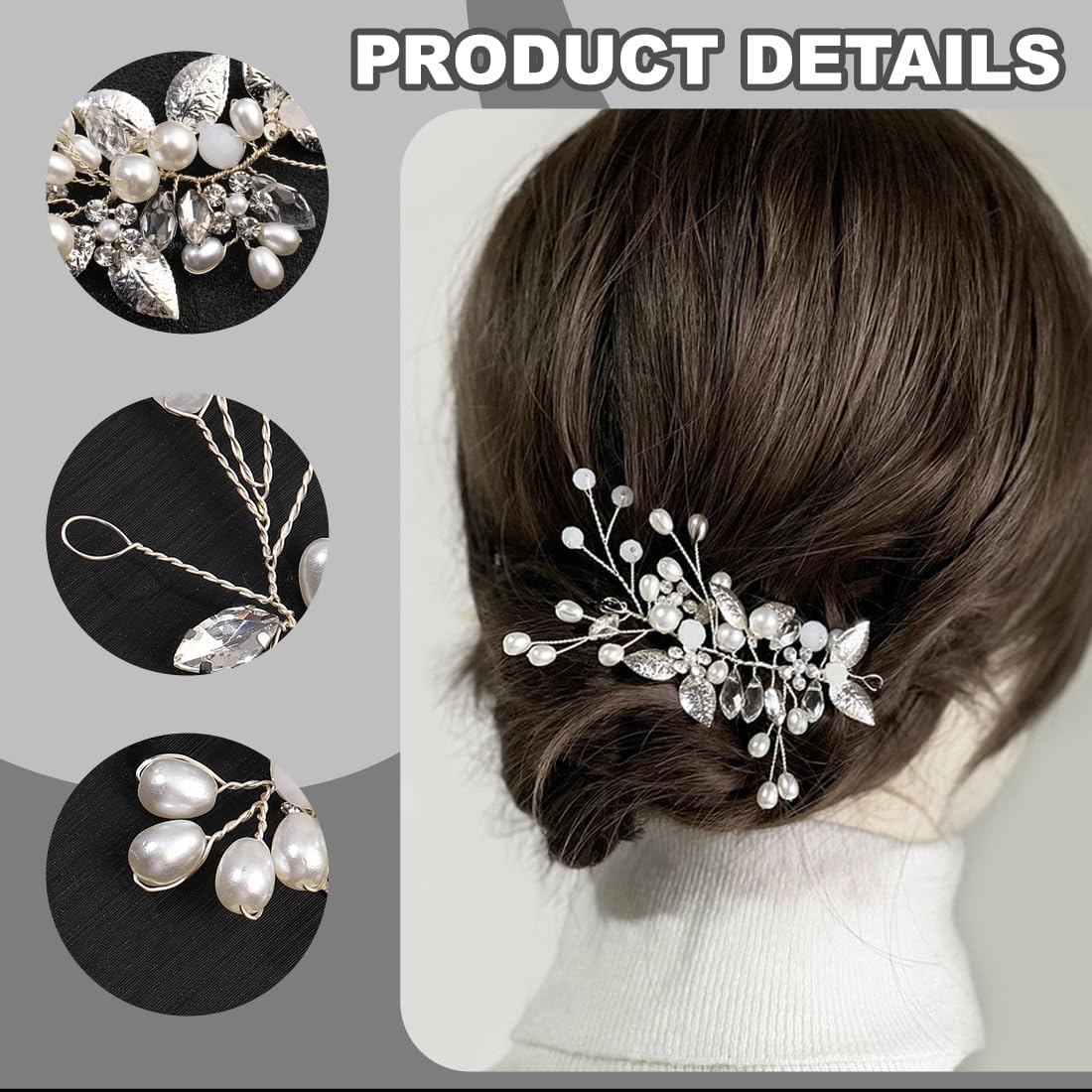 Silver Wedding Crystal Hair Vines Flower Leaf Headpiece, Pearl Headband, Wedding Hair Accessories for Bride, Hair Accessories for Women and Girls image number 5