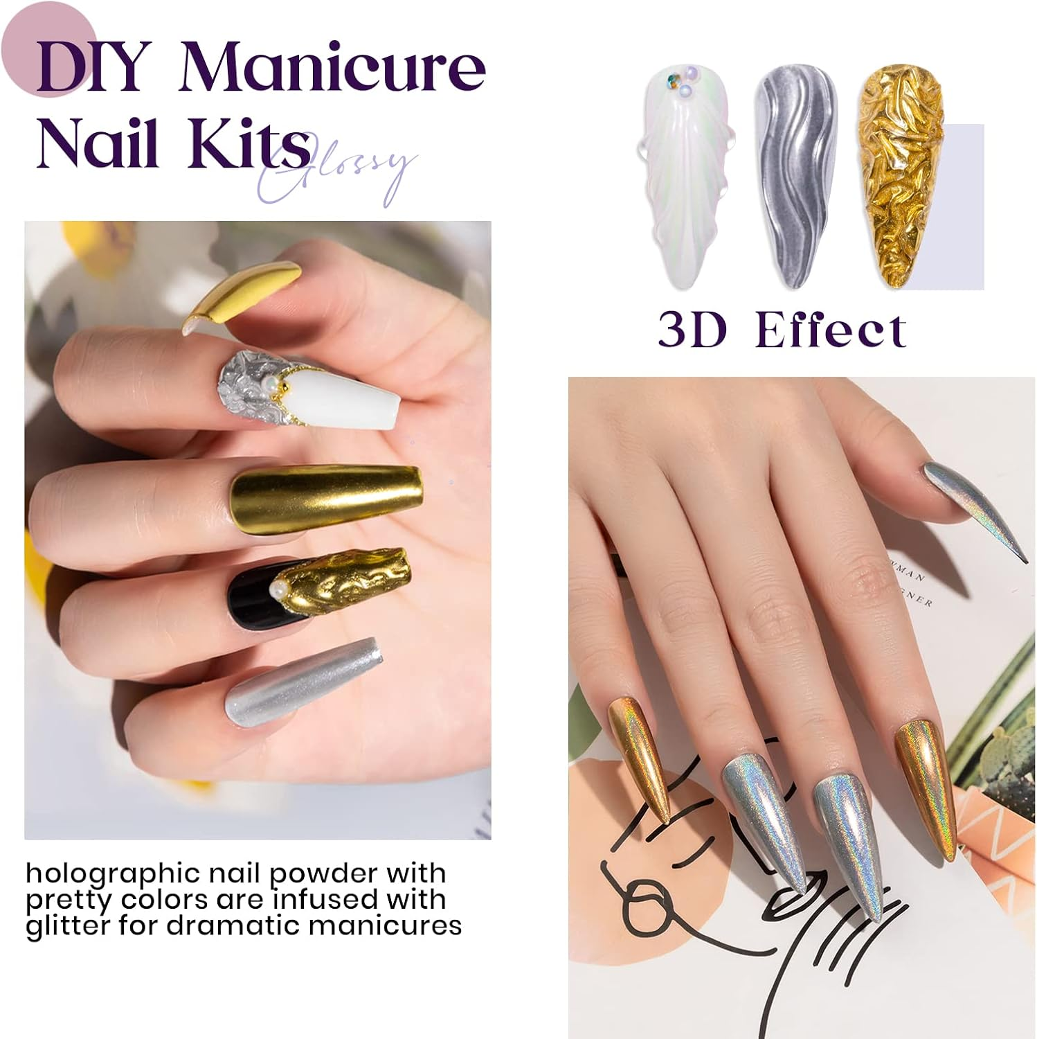 MIZHSE Pearl Chrome Nail Powder for Nails Iridescent Mermaid Glitter Powder, Holographic Solid Pigment Aurora Gold Silver Mirror Powder Nail Art(6 in 1) image number 1