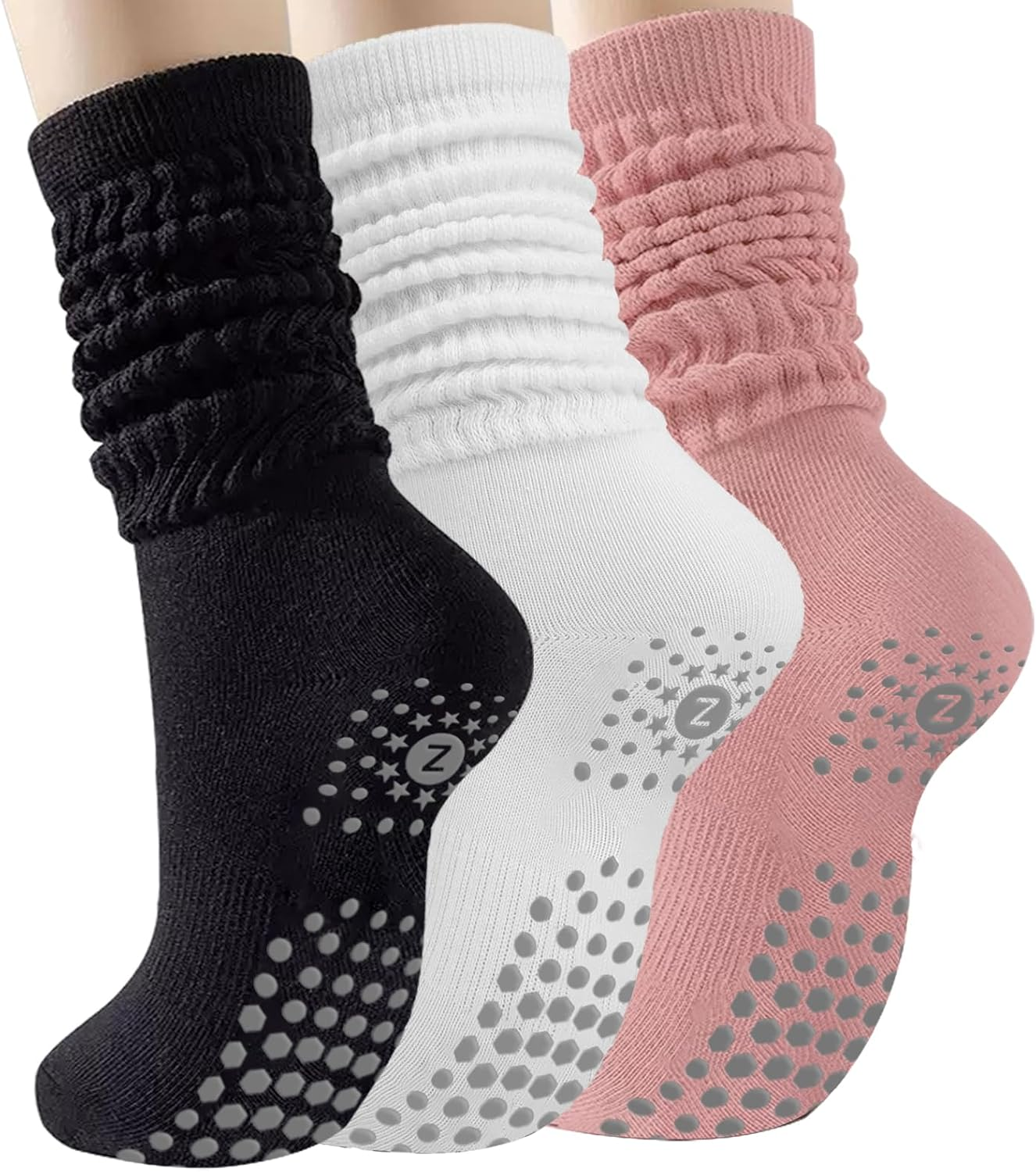 ZANZER (3 Pairs) Scrunch Pilates Grip Socks for Women, Yoga Slouch Socks with Grip for Barre Workout Hospital Dance Gym Exercise,Long Scrunch Slipper Socks