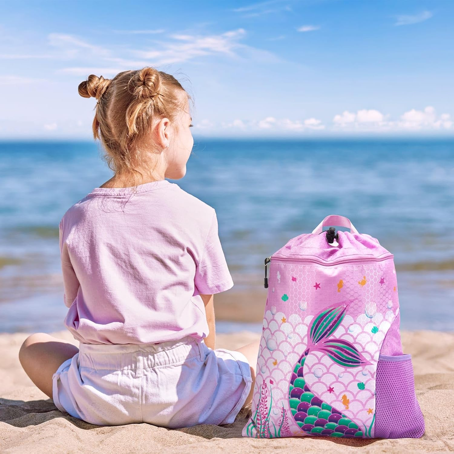 WAWSAM Gym Drawstring Backpack - Sports Gym PE Bag for Kids Waterproof Swimming Beach Backpack with Zippered Pocket and Water Bottle Holder - Purple image number 3