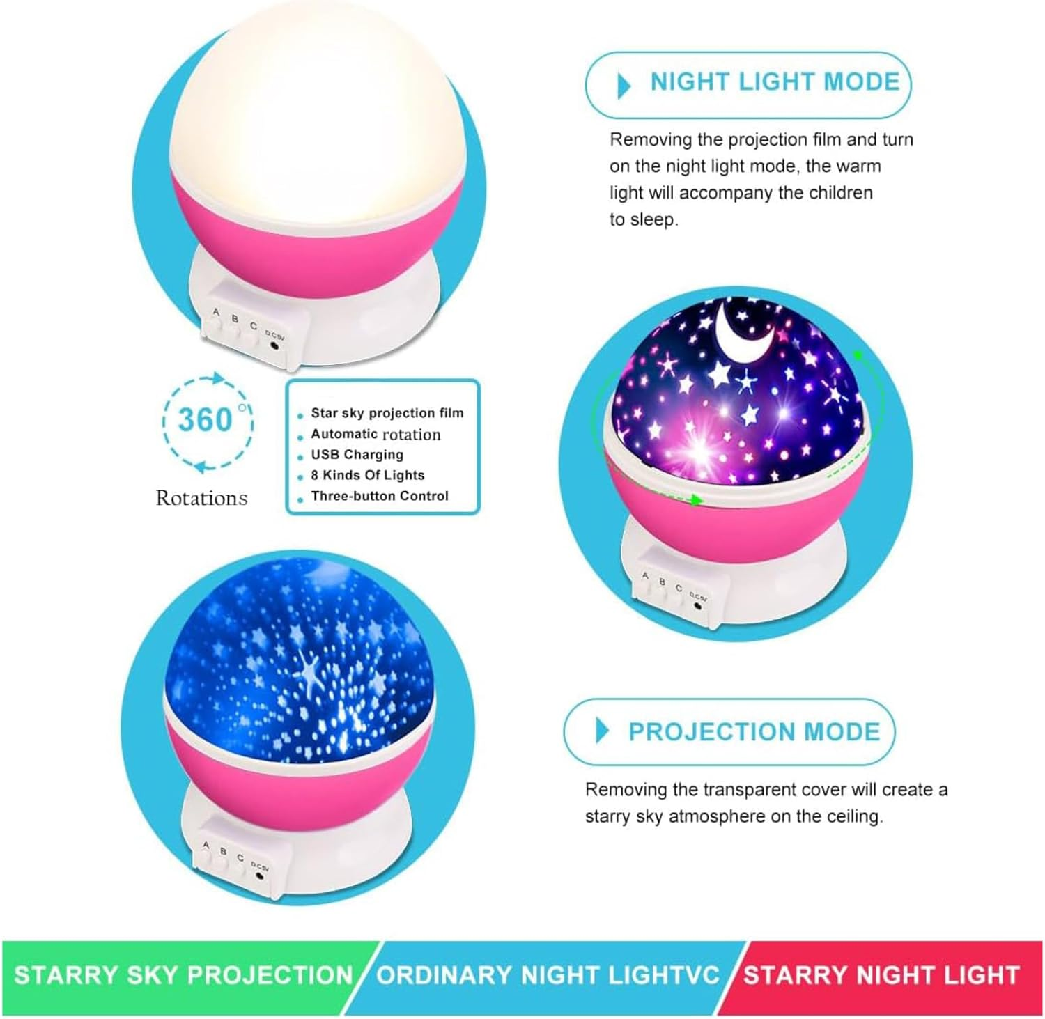 RIKONDA Pink Star Projector Night Light for Kids - Rotating Starry Sky & Moon Lamp, Usb/Battery Powered, Bedroom Decor Gift Girls & Boys Ages 1-14 (15Cm X 13Cm, 300G) image number 5