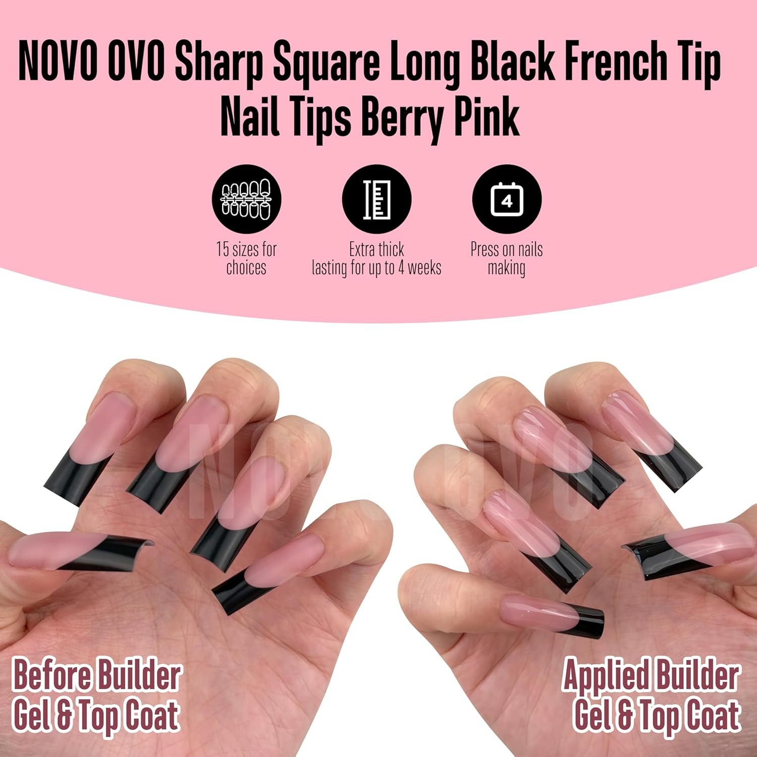 NOVO OVO Long Sharp Square Black French Tip Nail Tips Press on Berry Pink, Extra Thick Need Builder Gel & Top Coat & Glue, Soft Gel Extension Full Cover for DIY 15 Sizes, Pack of 180 image number 3
