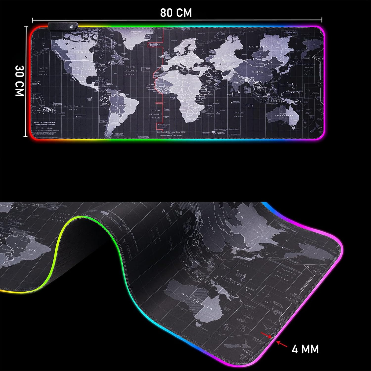 RGB Mouse Pad, Large XXL 80 X 30Cm, World Map, Polyurethane & Rubber, Gaming & Office, LED Lights, Non-Slip Base, Edge Stitching, Plug & Play Memory Function