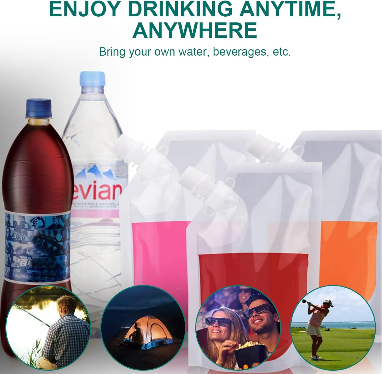 Rhoyee 10PCS 250Ml Reusable Drink Pouches with Screw Caps &ndash; Leakproof Plastic Hip Flasks for Alcohol, Juice & Water &ndash; Foldable Travel Pouch Bags for Festivals, Camping & Hiking image number 2