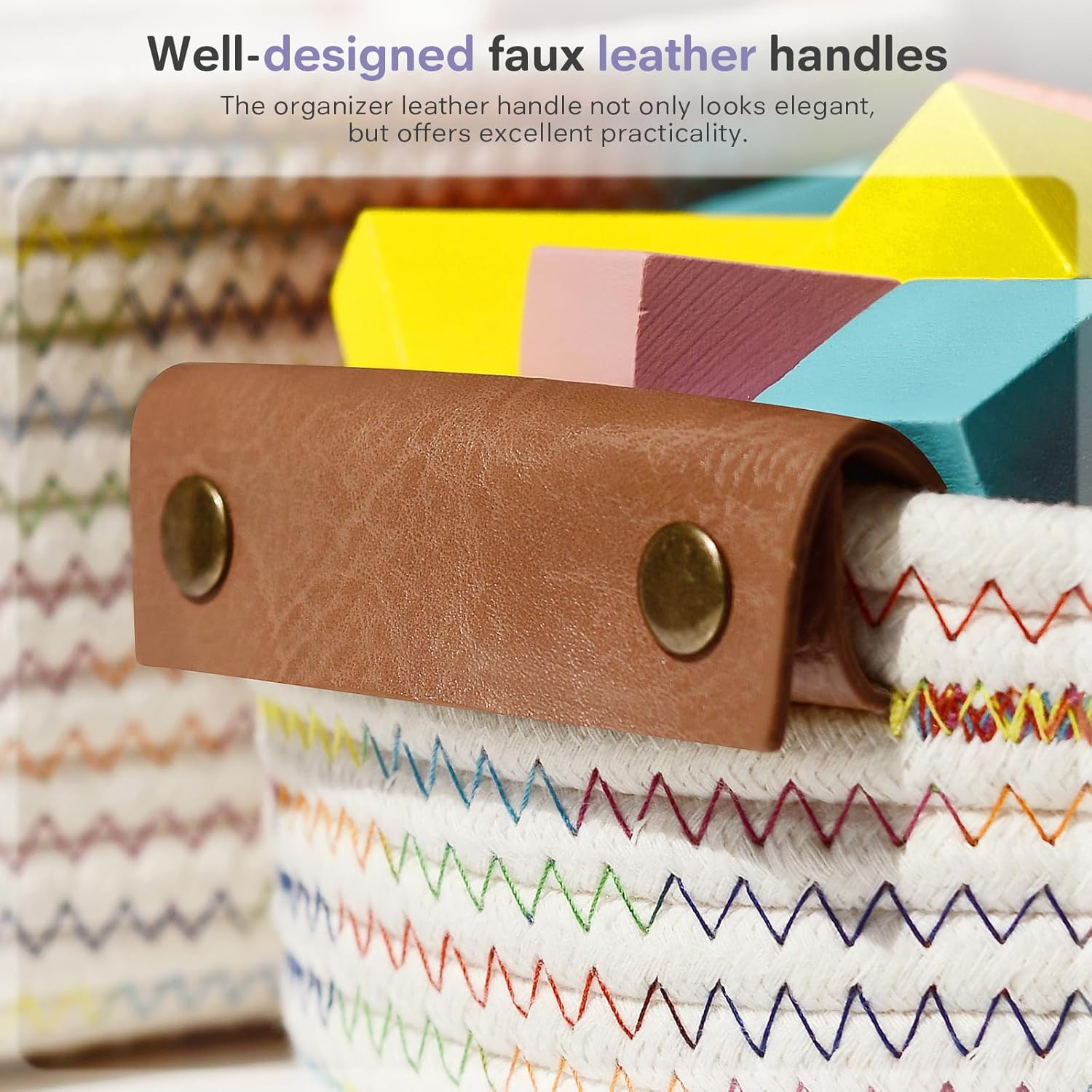 Storage Basket Set of 5 - Cotton Rope Baskets with Leather Handles - Small Woven Basket for Organizing, Nursery, Bathroom Shelves or Bedroom Decor (Rainbow) - Black image number 6