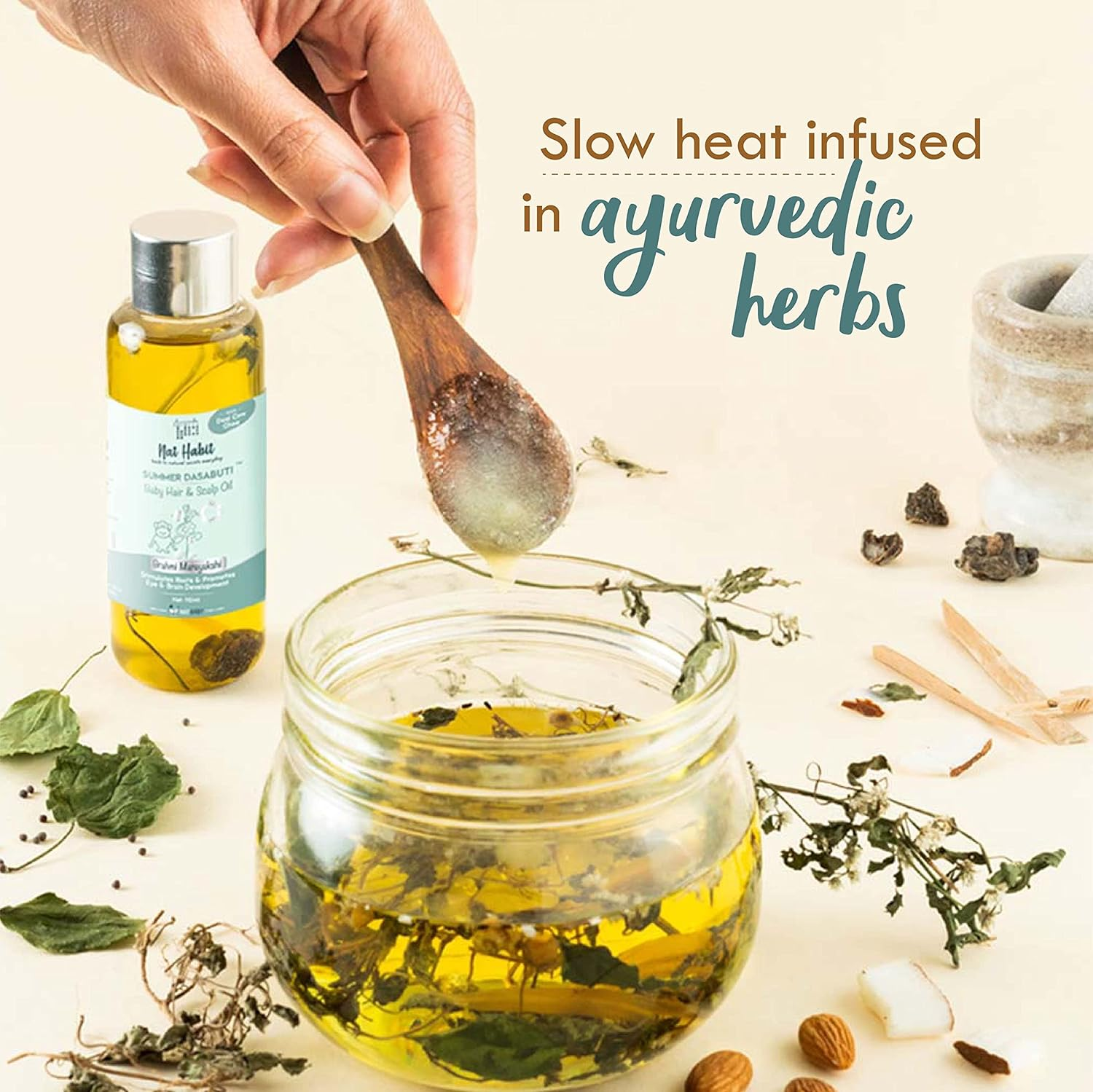 Nat Habit Summer Baby Hair Oil for Kids 0-5 Years | Ayurvedic Hair Oil for Baby with Brahmi, Matsyakshi & Dasabuti | Baby Hair Growth Oil with Desi Ghee & Cold Pressed Oils | Cools Body, Aids Sleep