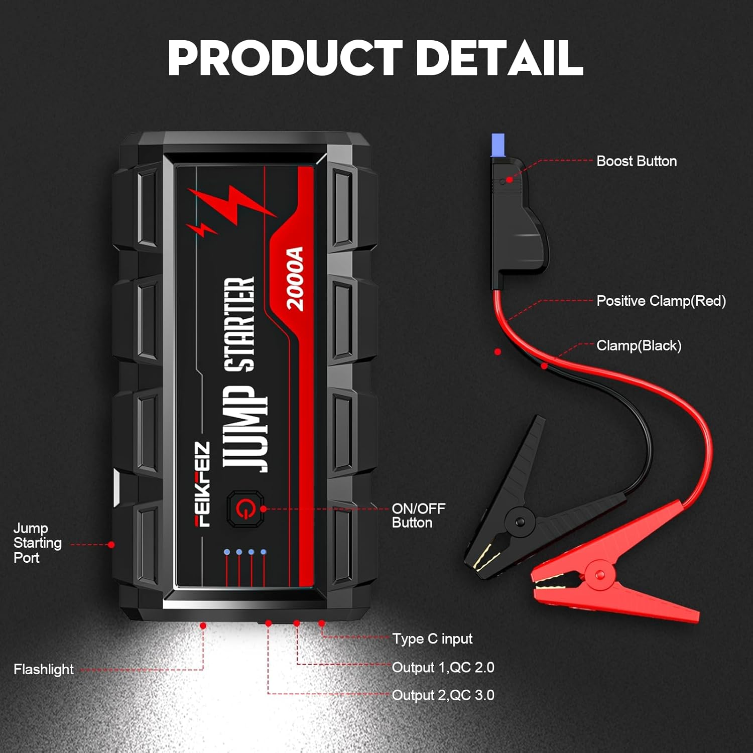 Car Jump Starter, 2000A Peak 16800Mah 12V Car Battery Starter(Up to 8.0L Gas, 6.0L Diesel Engine), with USB Quick Charge 3.0,LED Light. image number 4
