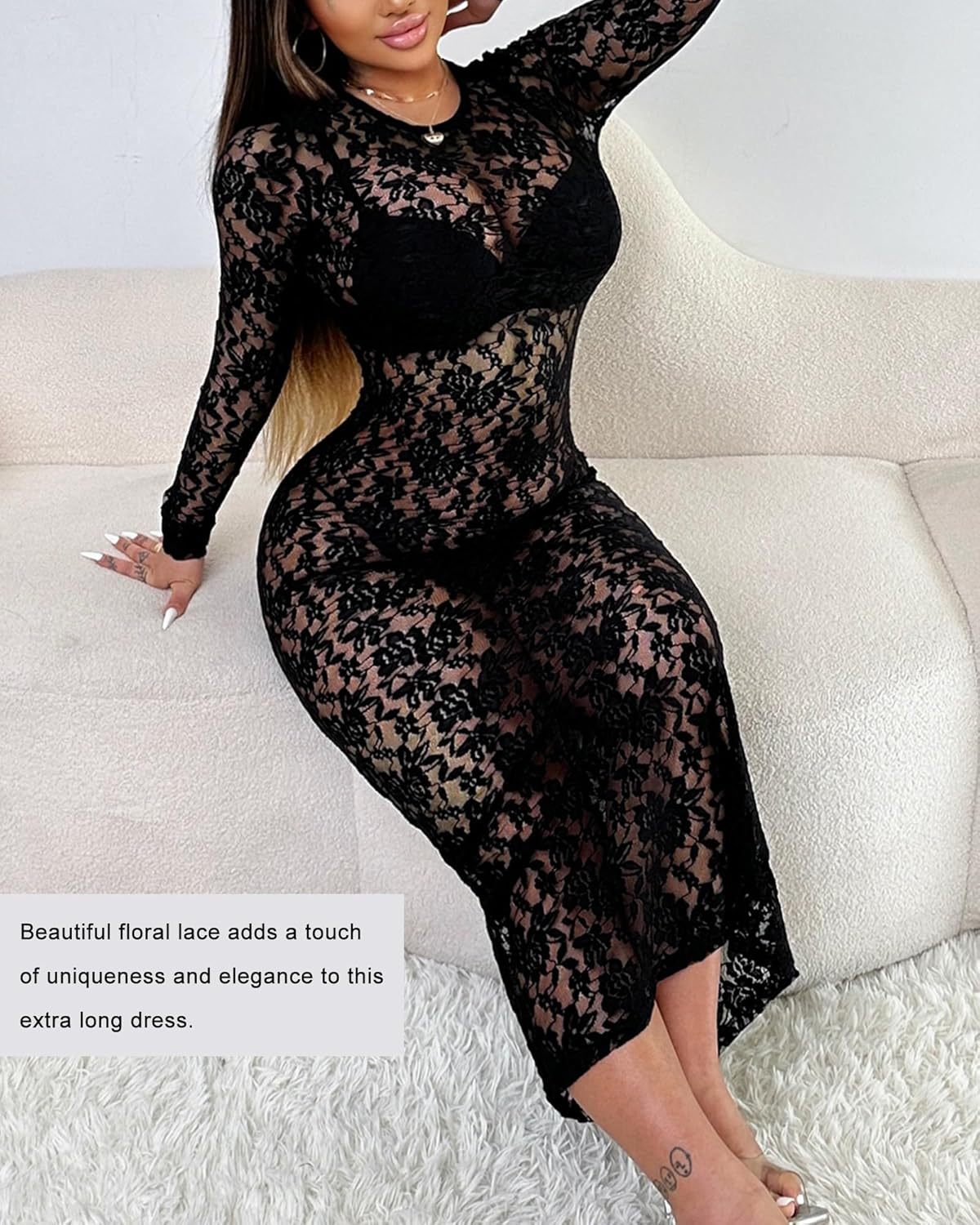 Elegant Long Sleeve Lace Dress for Women - Lace Maxi Dress with Sheer Overlay, Sexy Maternity & Evening Gown image number 6