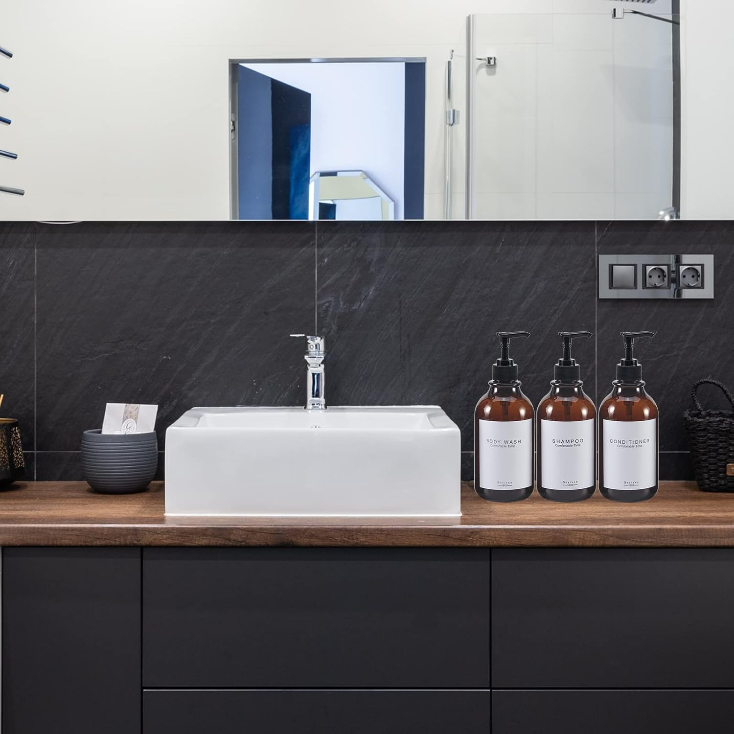 GOYISEE Shampoo and Conditioner Dispenser for Shower Wall, 3 Chamber, Refillable Bottles with 3 Wall Mounts, Waterproof Labels and Pumps (3 Bottles 3 Wall Mount-Brown) image number 3