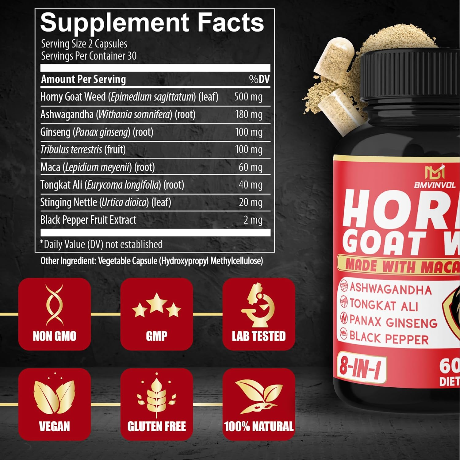 (2 Packs) Horny Goat Weed Capsules with Maca, Tribulus, Ginseng, Ashwagandha, Tongkat Ali - 120 Capsules image number 4