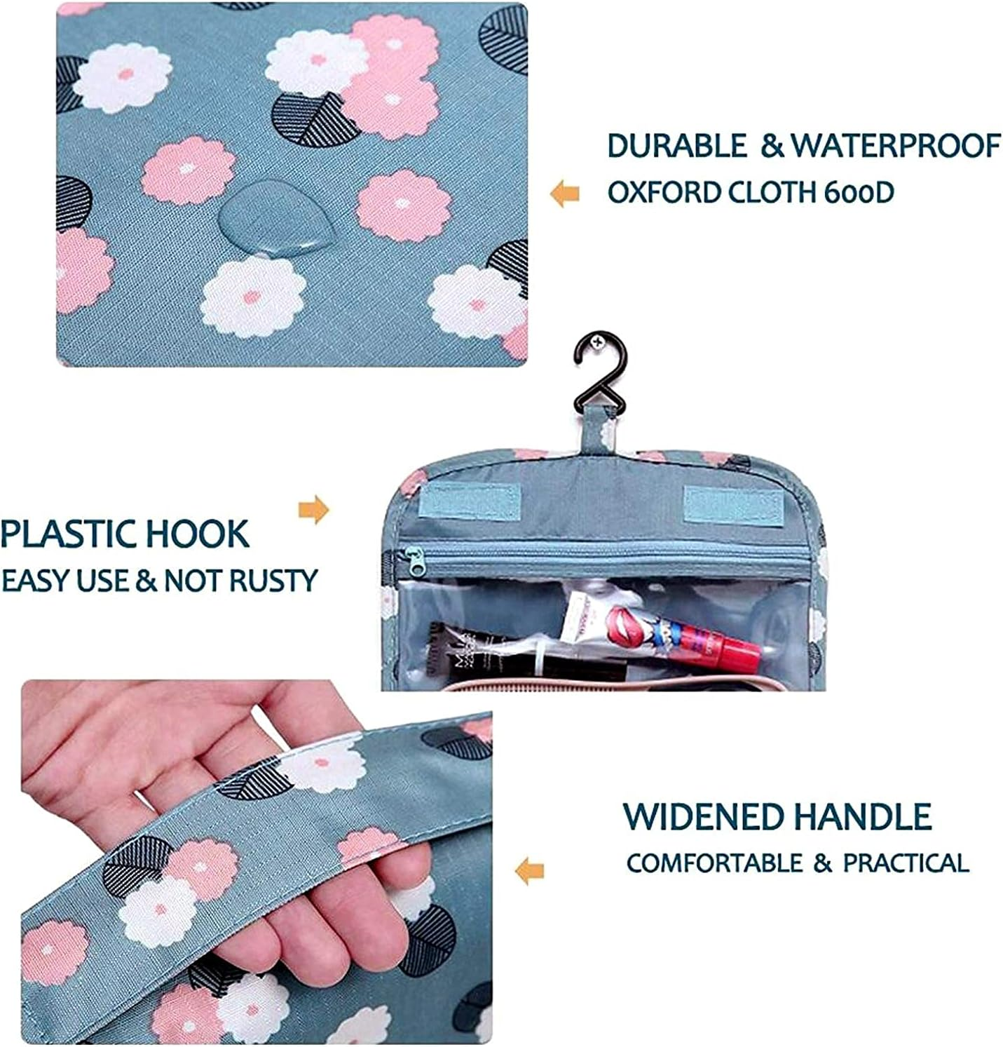 Trawila Travel Hanging Toiletry Bag Cosmetic Bag Makeup Organizers for Men & Women with Sturdy Hook, Blue Flower, Fashion