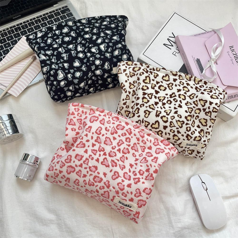 Tcdwla Cosmetic Bag, Pack of 2 Make-Up Bag, Toiletry Bag, Corduroy Small Women, Pencil Pouch, Aesthetic School Stuff for School, Travel, Business, Shopping, Hiking, Beige 1, Leopard Tattoo image number 4