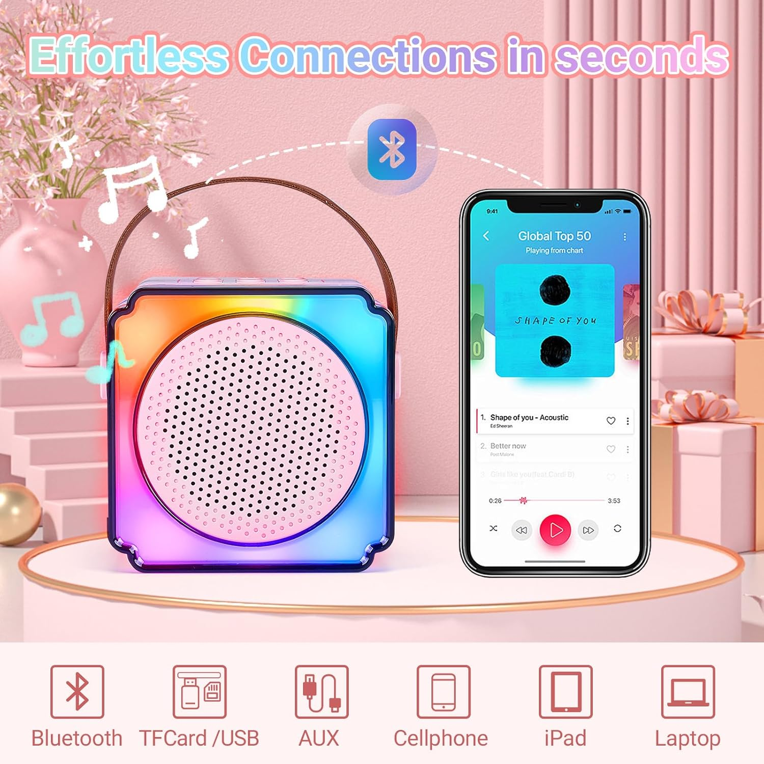 Portable Kids Karaoke Machine with 2 Wireless Microphone, Karaoke Microphone Machine Toy, Mini Bluetooth Speaker Gift with Colorful Lights for Teen Girls Boys Family Home Party Pink image number 3