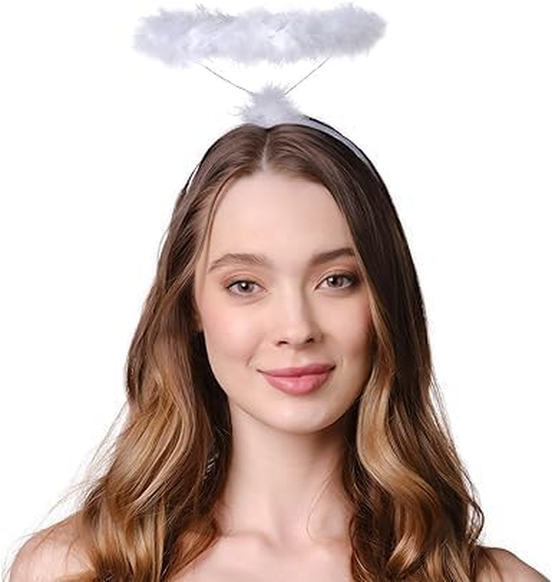 White Angel Halo Headband - Feathered Halloween Costume Accessory for Women, Men and Kids image number 3