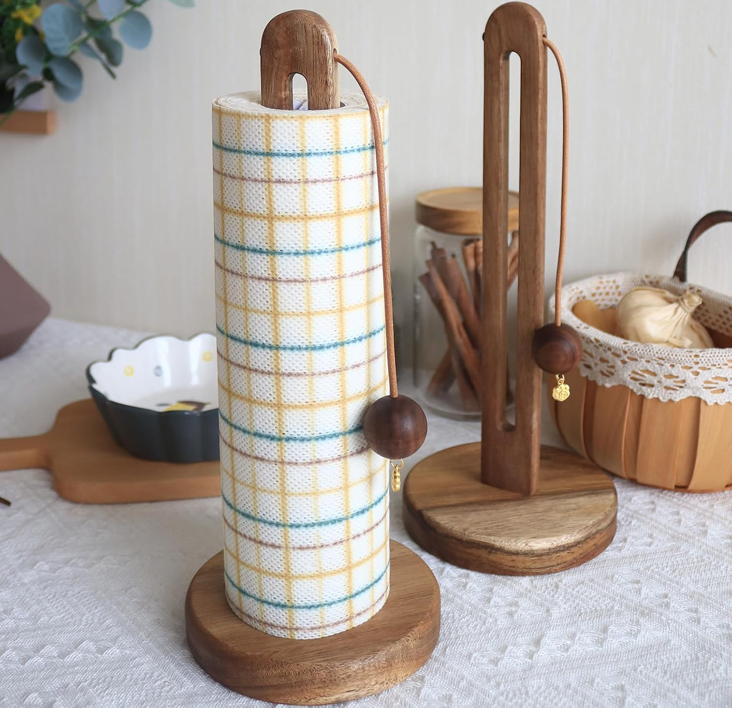 Wooden Kitchen Roll Holder Free Standing, Acacia Wood Paper Towel Stand for Counter, Non-Slip Towel Roll Holder, Farmhouse Organizer Fits Most Size Paper Rolls image number 5