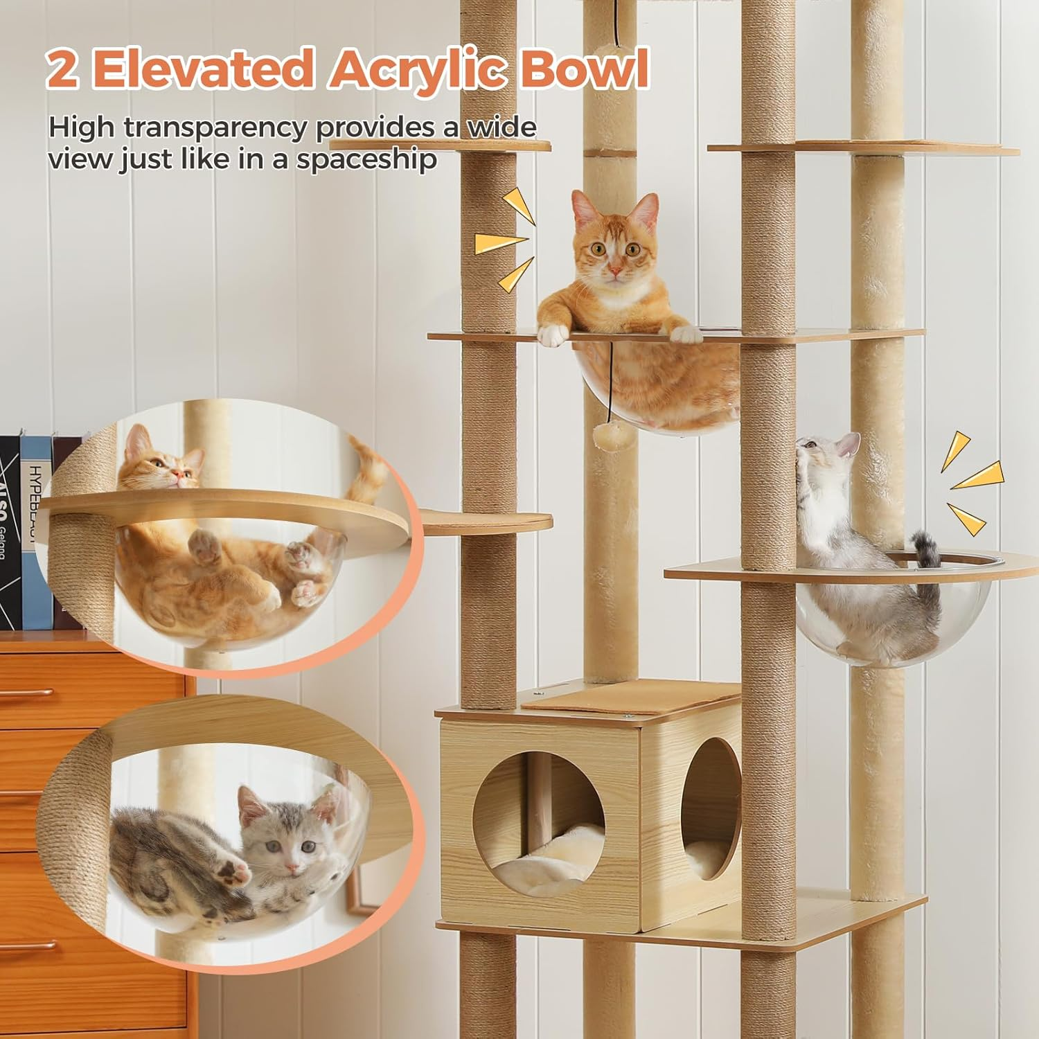 PAWZ Road Cat Tree, 180Cm Wood Large Cat Tower with 2 Acrylic Nests, 10 Sisal Covered Scratching Posts, Condo House and Spacious Top Perch for Large Cats image number 1