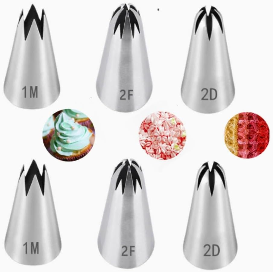 Piping Nozzle Tip, 6 Pcs Large Icing Piping Tips, 1M 2D 2F Cake Cupcake Decorating Tips Set, Seamless Swirl Piping Tips Cake Piping Nozzles Tips Kit, Star Drop Flower Rose Petal Frosting Tip