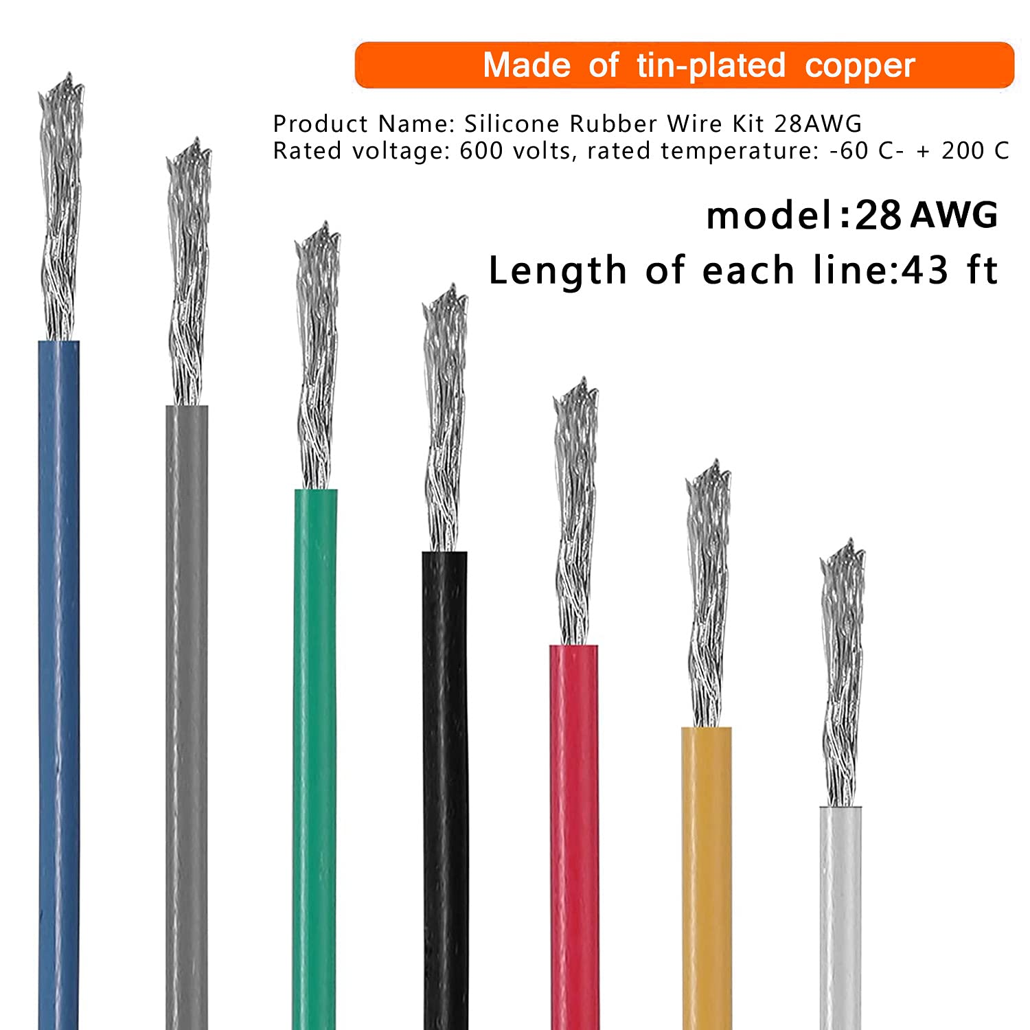 28Awg Electrical Wire Flexible Silicon Wire Stranded Wire Hook up Rubber Electric Wiring Kit Solid Wire Kit 7 Colors 43 Ft Spool Heat Shrink Tube Wire Stripper Included
