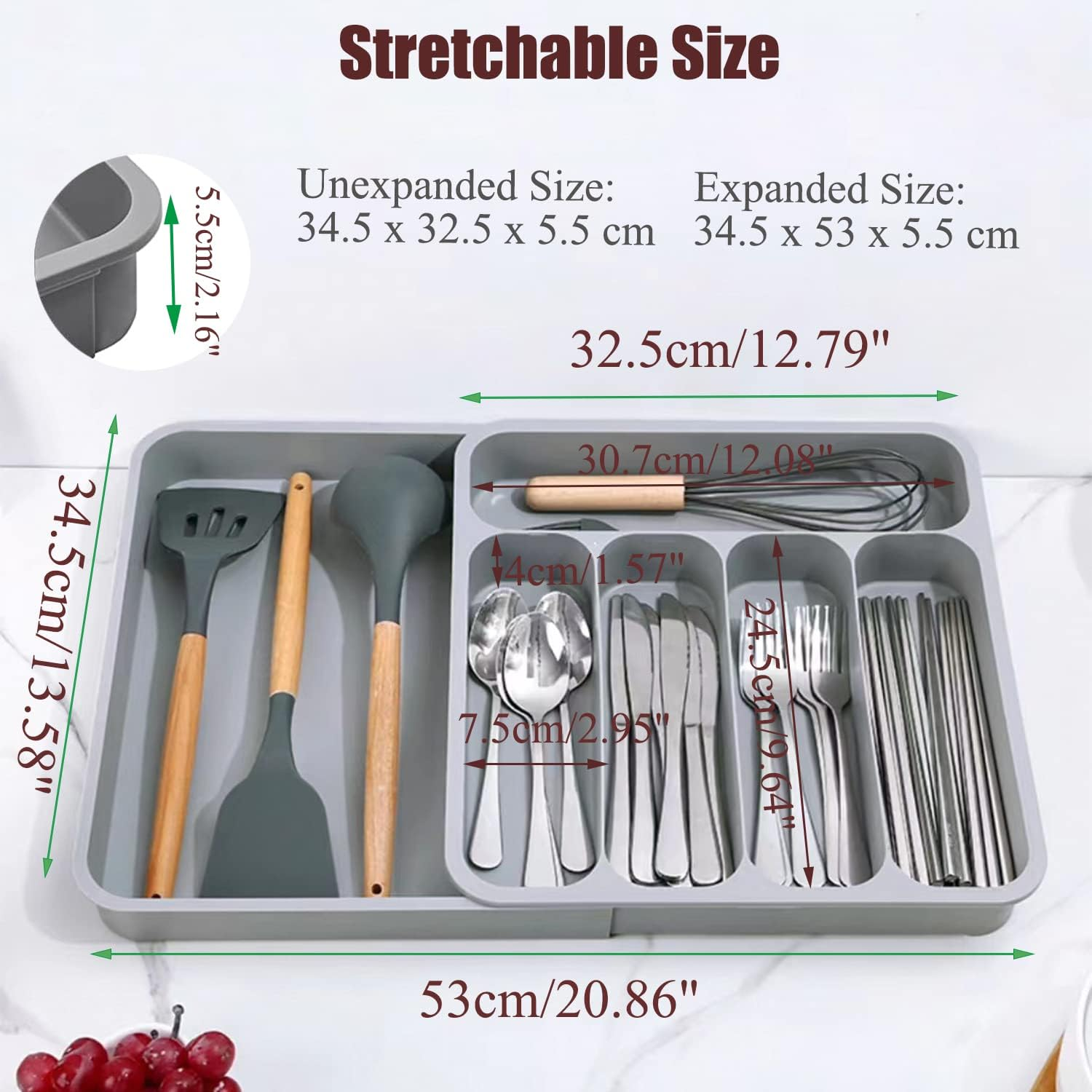 FOREVERIE Extendable Kitchen Utensils Drawer Storage Organiser, 5 Compartments Deep Cutlery Tray Holder for Silverware, Flatware, Knives, Spoons and Forks, Grey - Large Grey With Knife Organiser image number 7